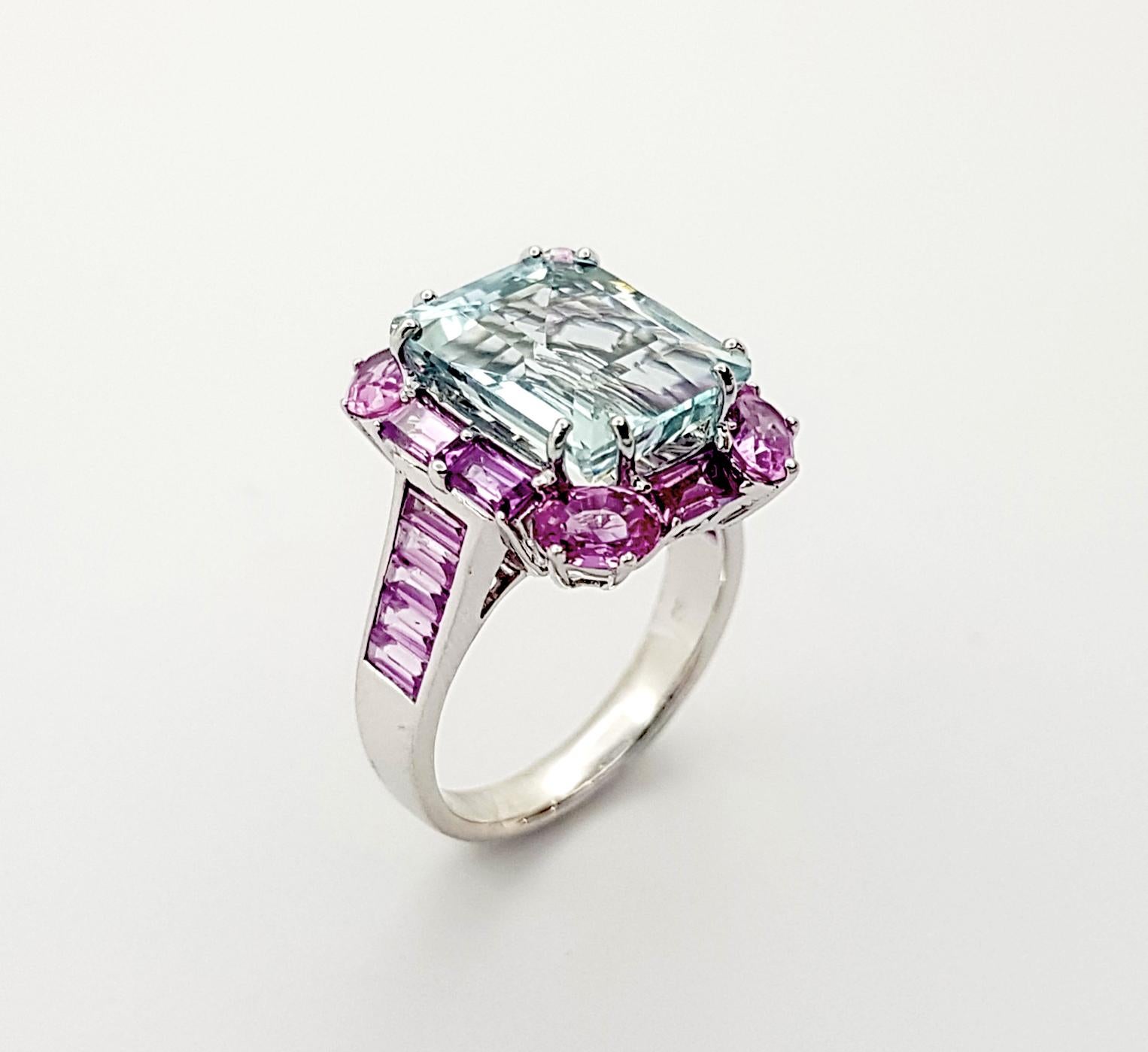Aquamarine and Pink Sapphire Ring set in 18K White Gold Settings For Sale 4