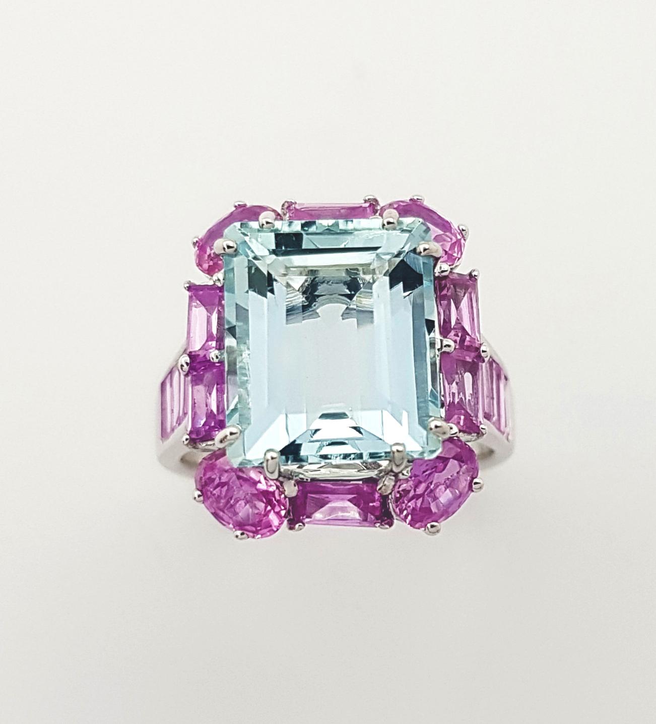 Aquamarine and Pink Sapphire Ring set in 18K White Gold Settings For Sale 5