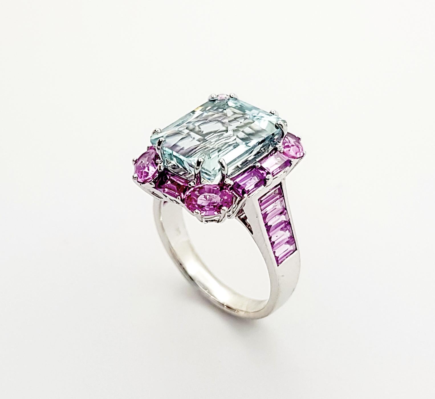 Aquamarine and Pink Sapphire Ring set in 18K White Gold Settings For Sale 6