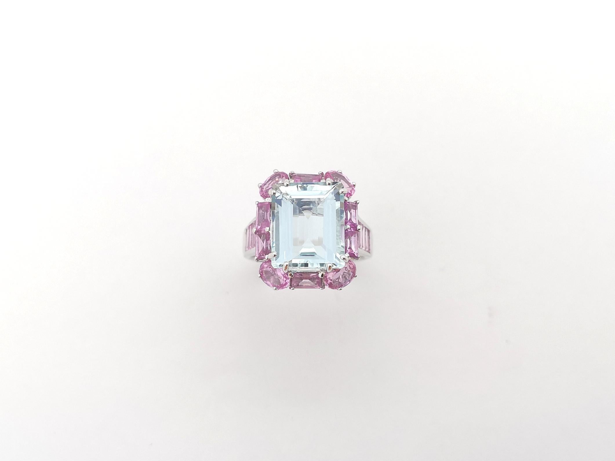 Aquamarine and Pink Sapphire Ring set in 18K White Gold Settings For Sale 9