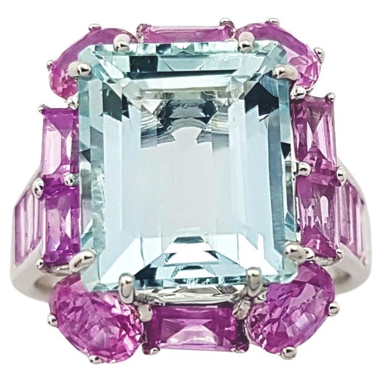 Aquamarine and Pink Sapphire Ring set in 18K White Gold Settings For Sale