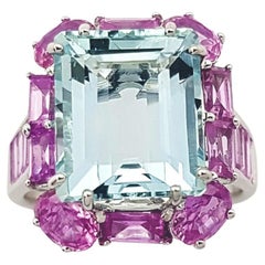 Aquamarine and Pink Sapphire Ring set in 18K White Gold Settings