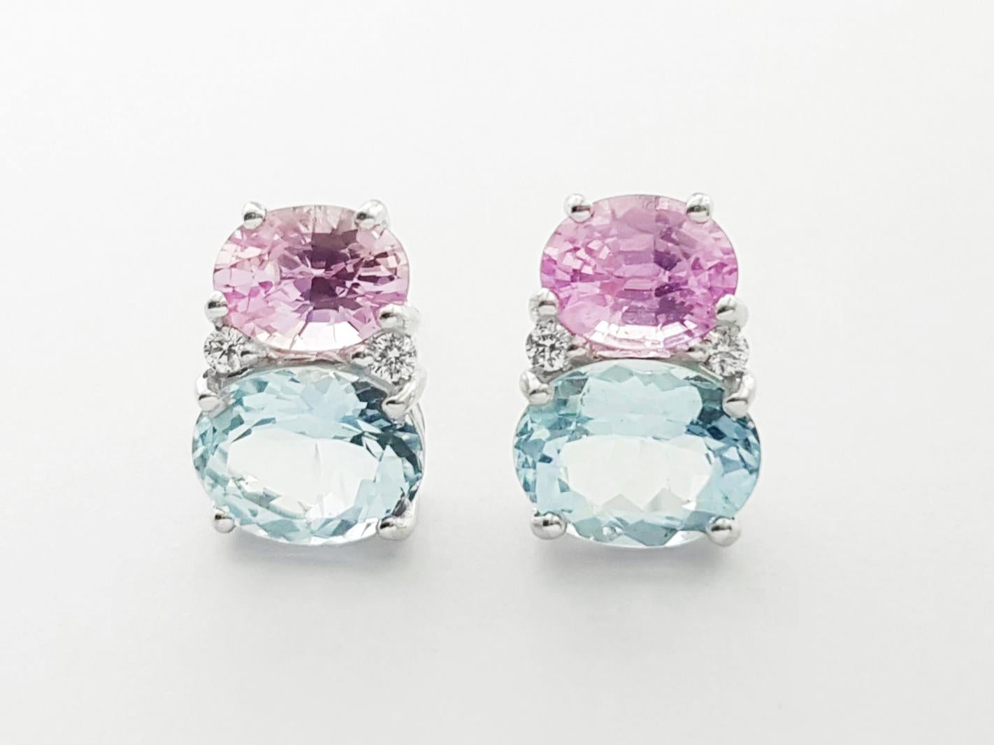 Contemporary Aquamarine and Pink Sapphire with Diamond Earrings set in 18K White Gold Setting