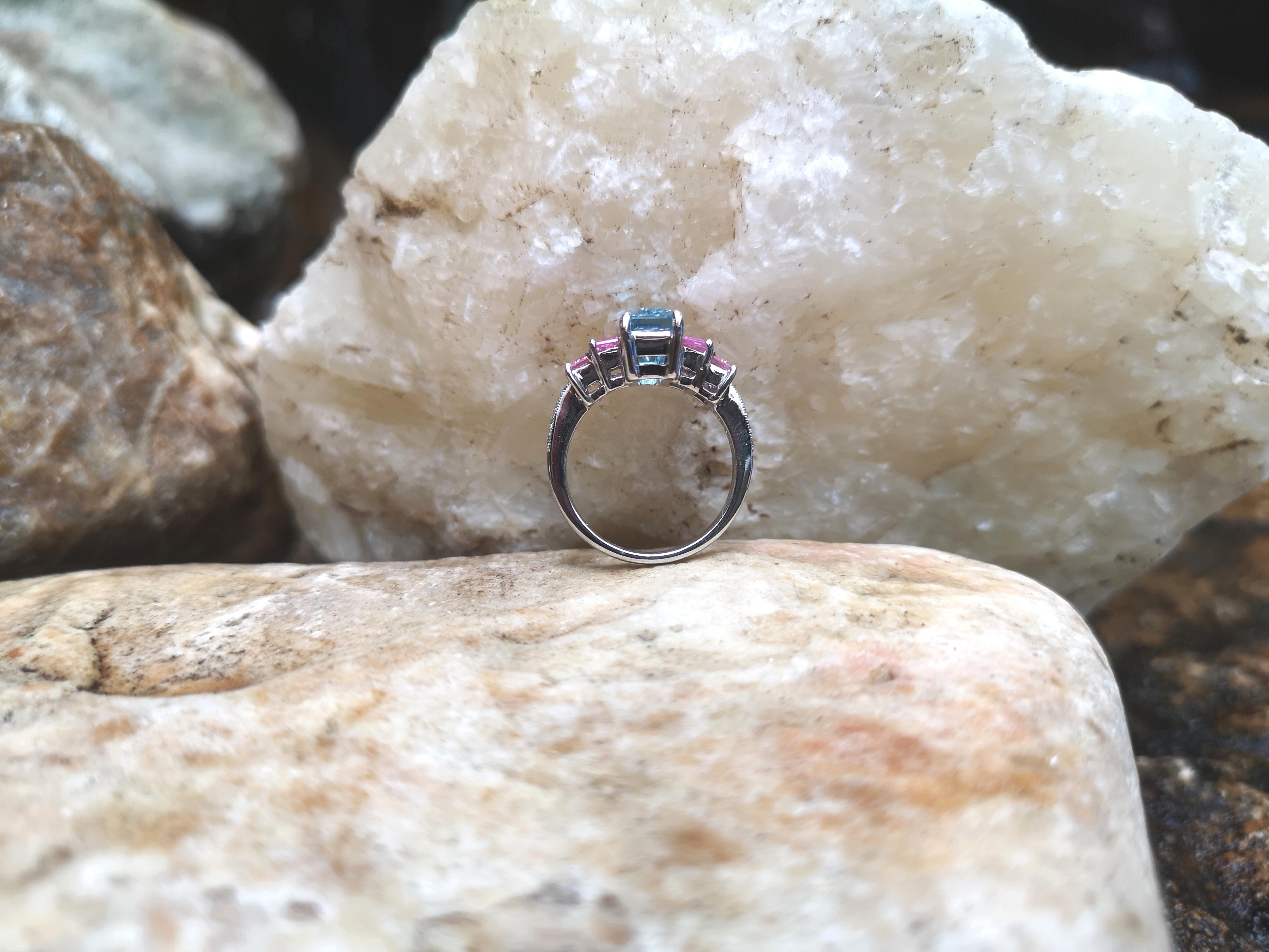 Emerald Cut Aquamarine and Pink Sapphire with Diamond Ring Set in 18 Karat White Gold For Sale