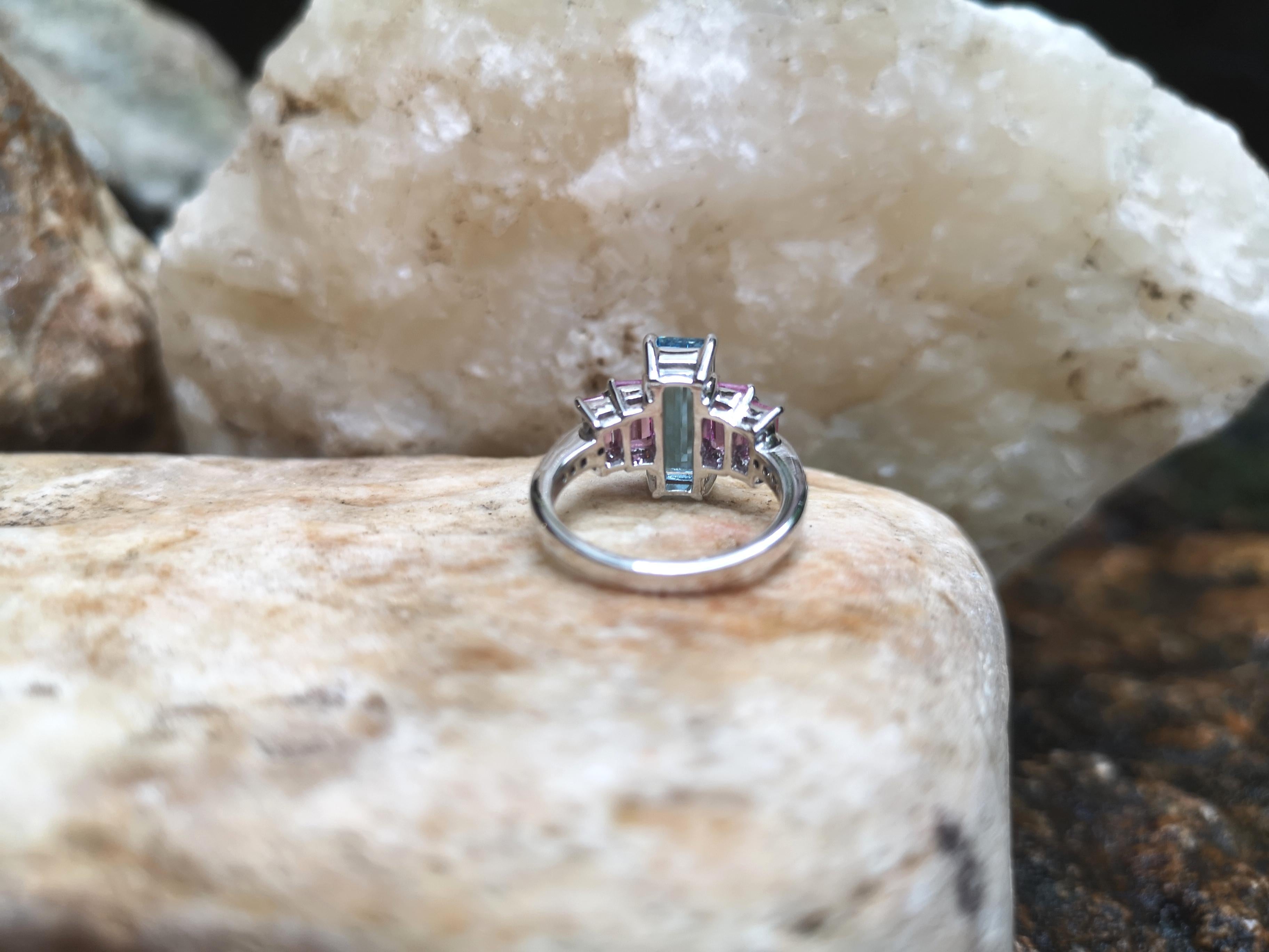 Women's Aquamarine and Pink Sapphire with Diamond Ring Set in 18 Karat White Gold For Sale