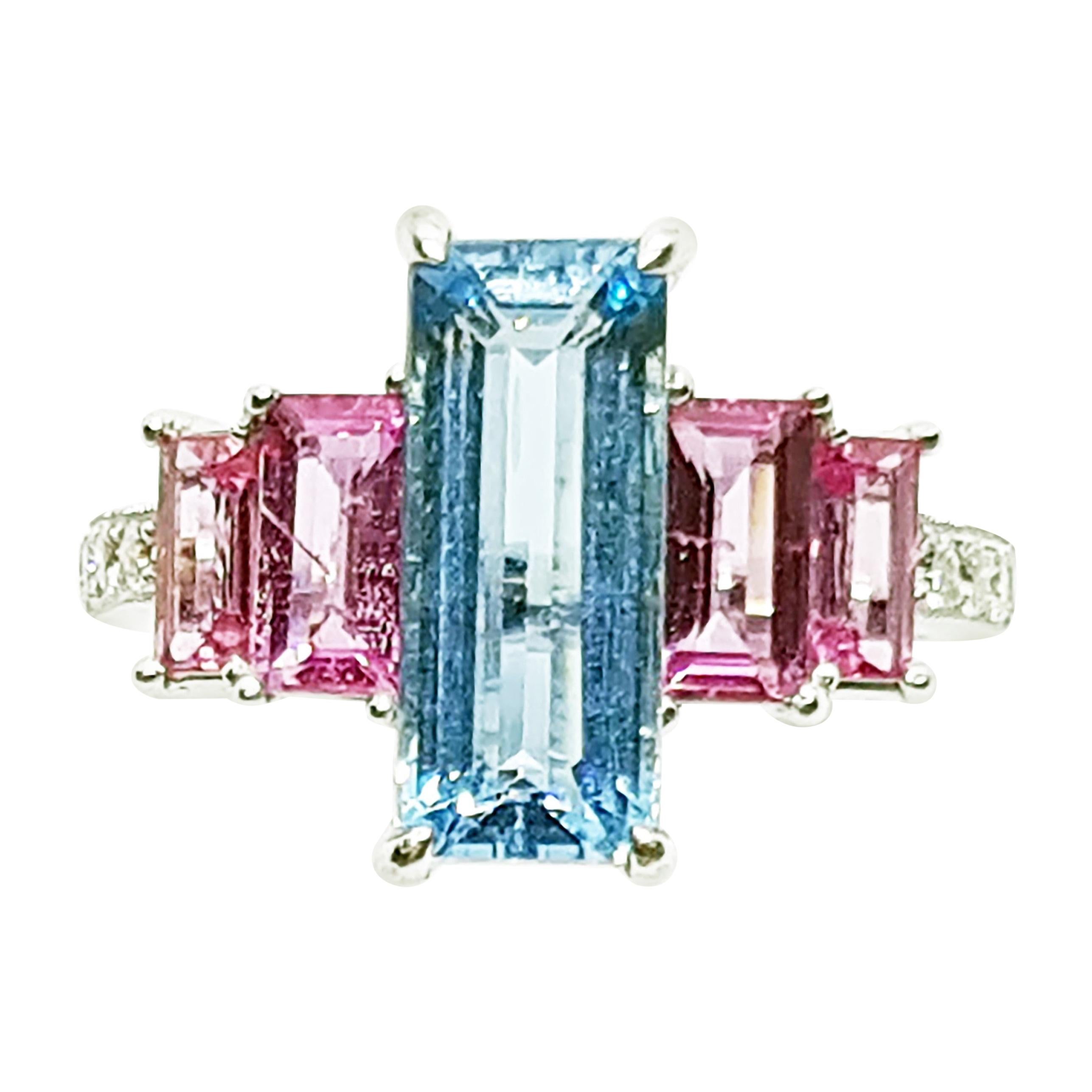 Aquamarine and Pink Sapphire with Diamond Ring Set in 18 Karat White Gold