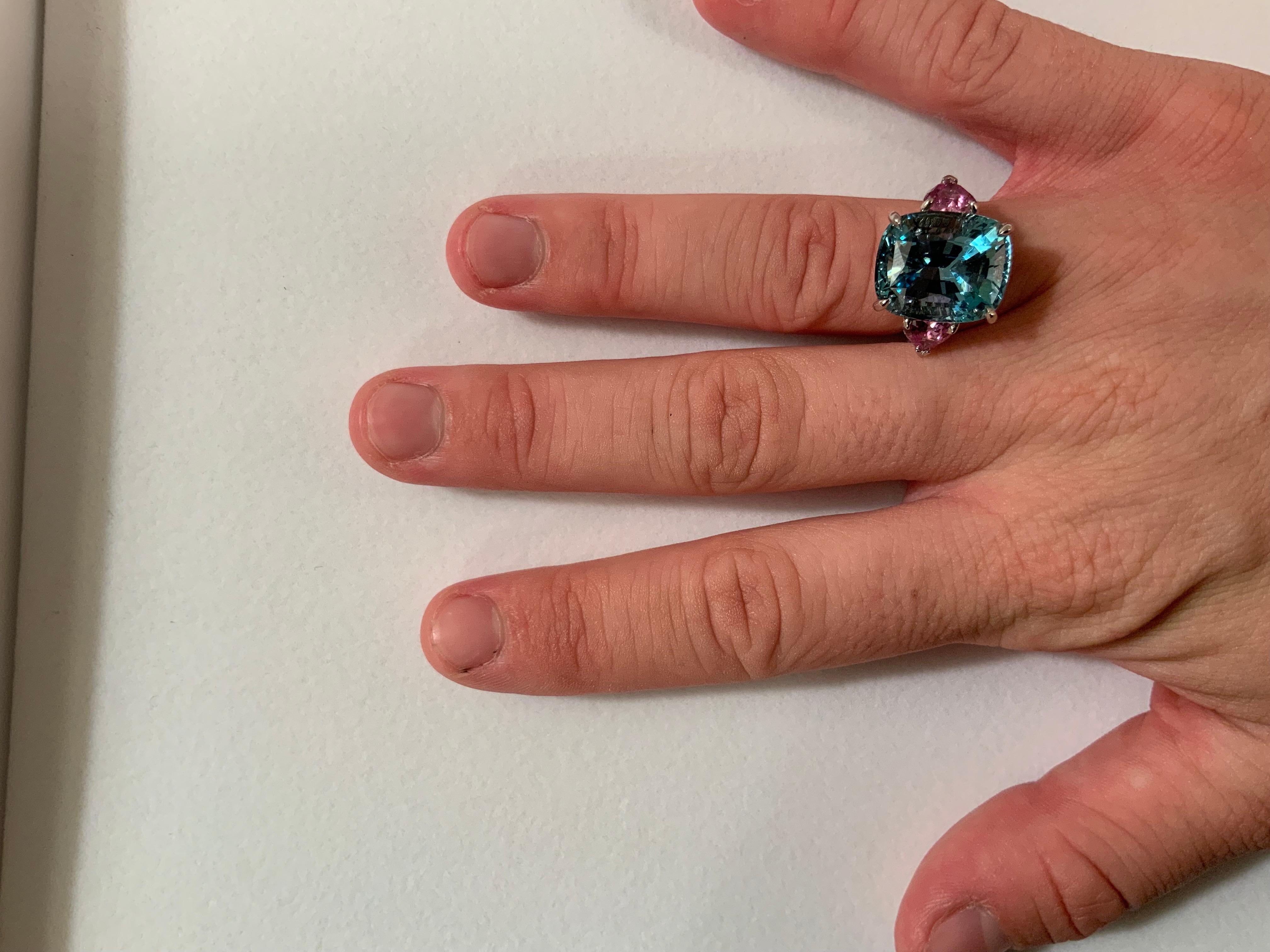 Contemporary Aquamarine and Pink Topaz Three-Stone Ring For Sale