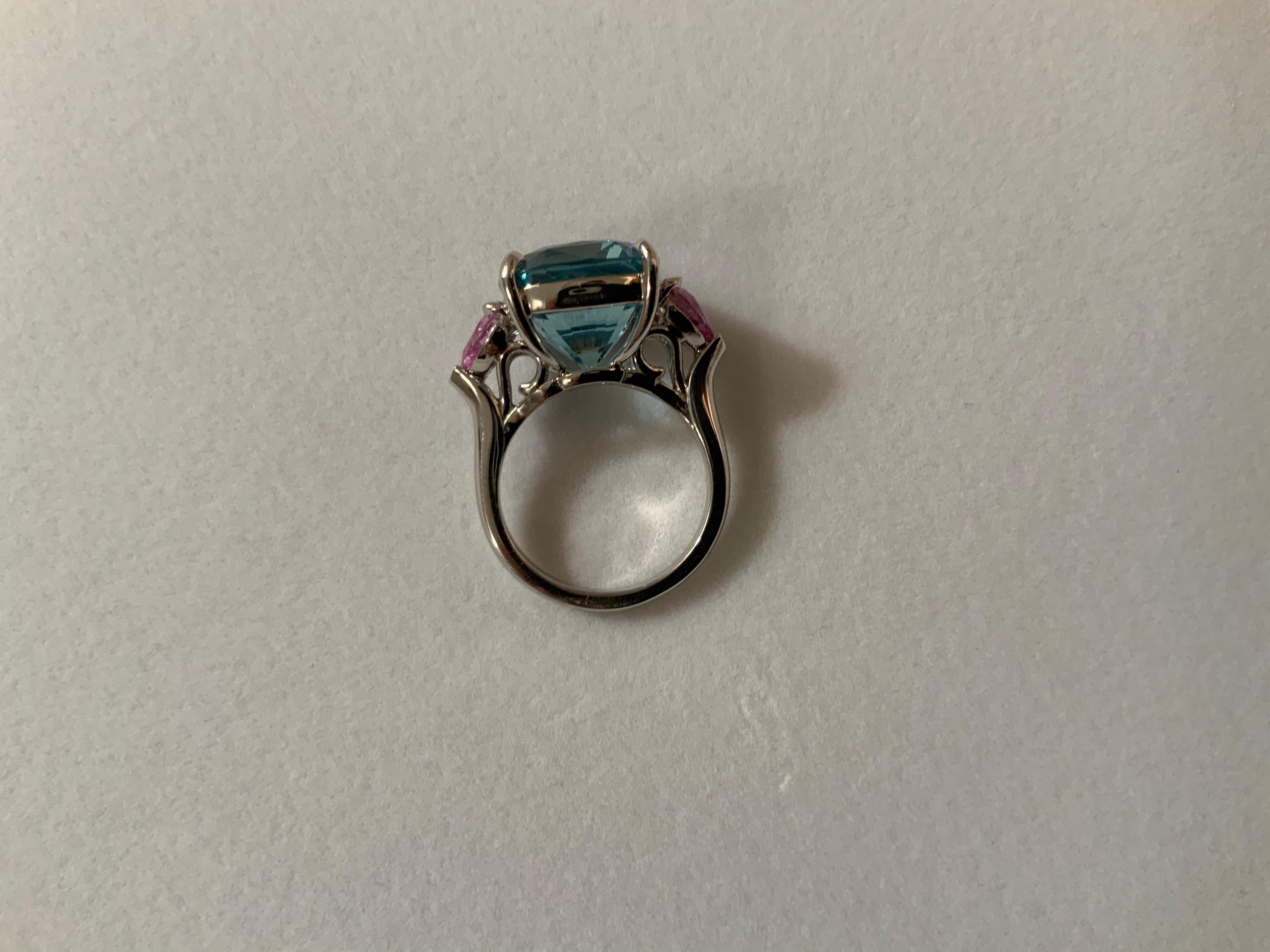 Cushion Cut Aquamarine and Pink Topaz Three-Stone Ring For Sale