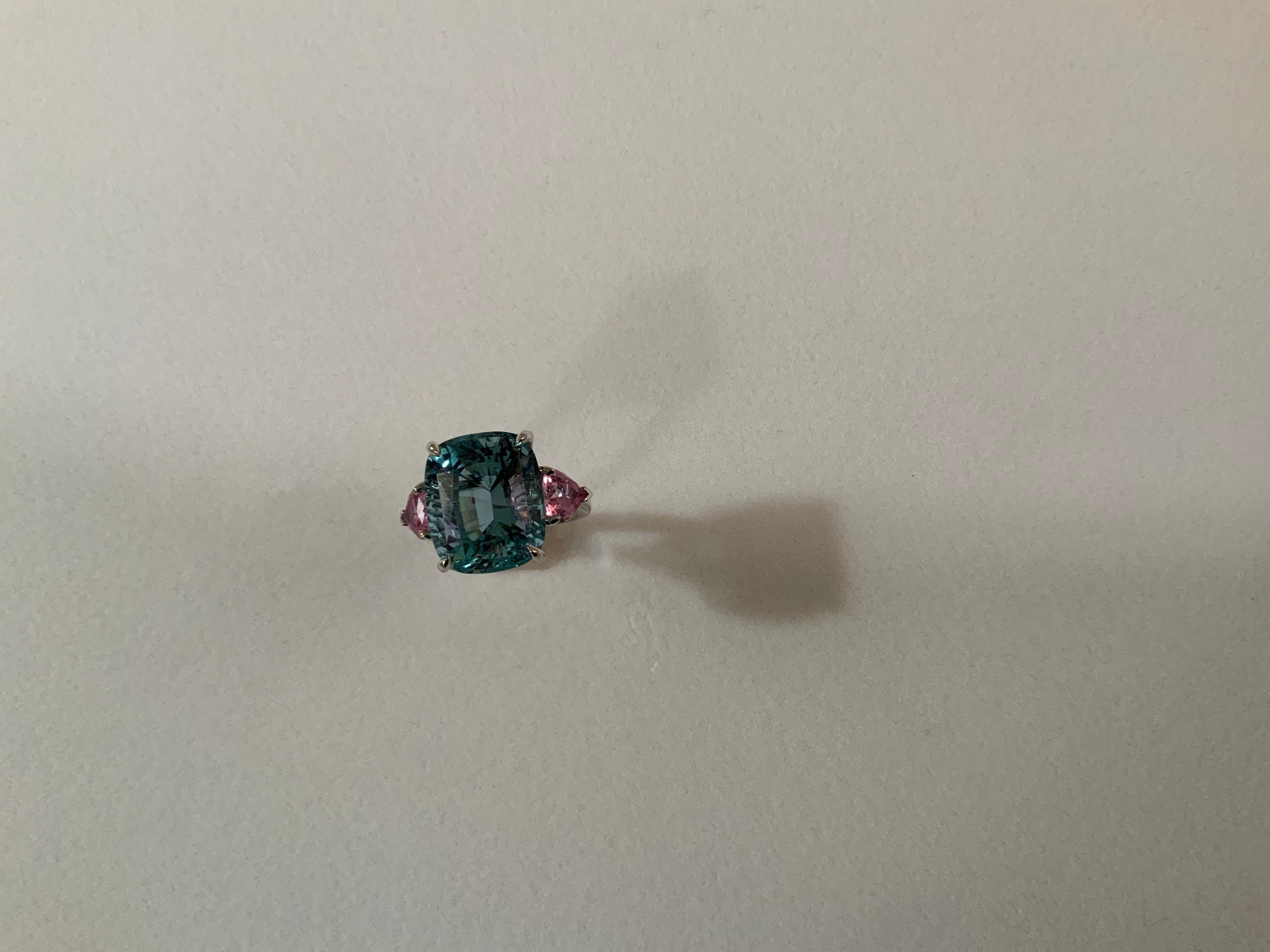 Women's Aquamarine and Pink Topaz Three-Stone Ring For Sale