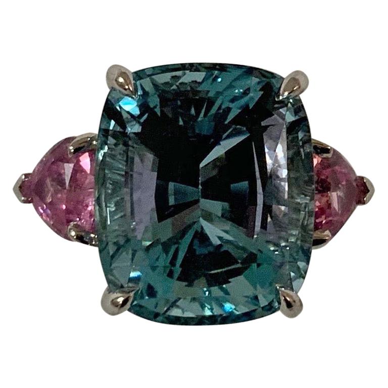 Aquamarine and Pink Topaz Three-Stone Ring For Sale