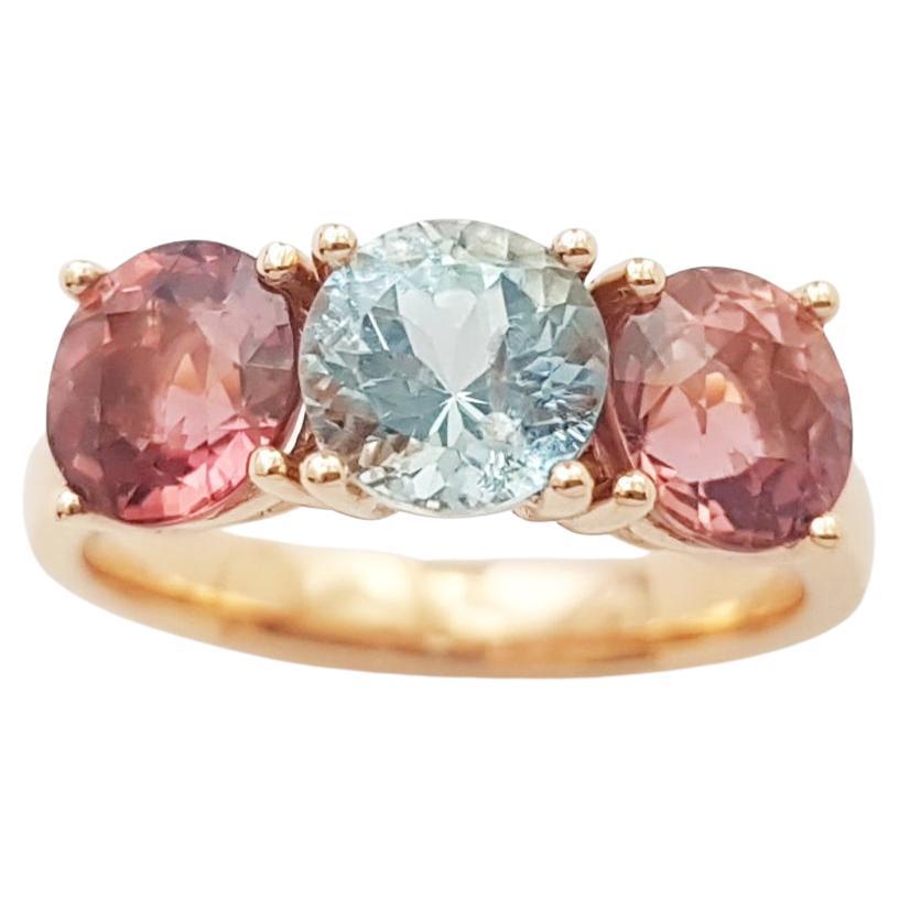 Aquamarine and Pink Tourmaline Ring set in 18K Rose Gold Settings