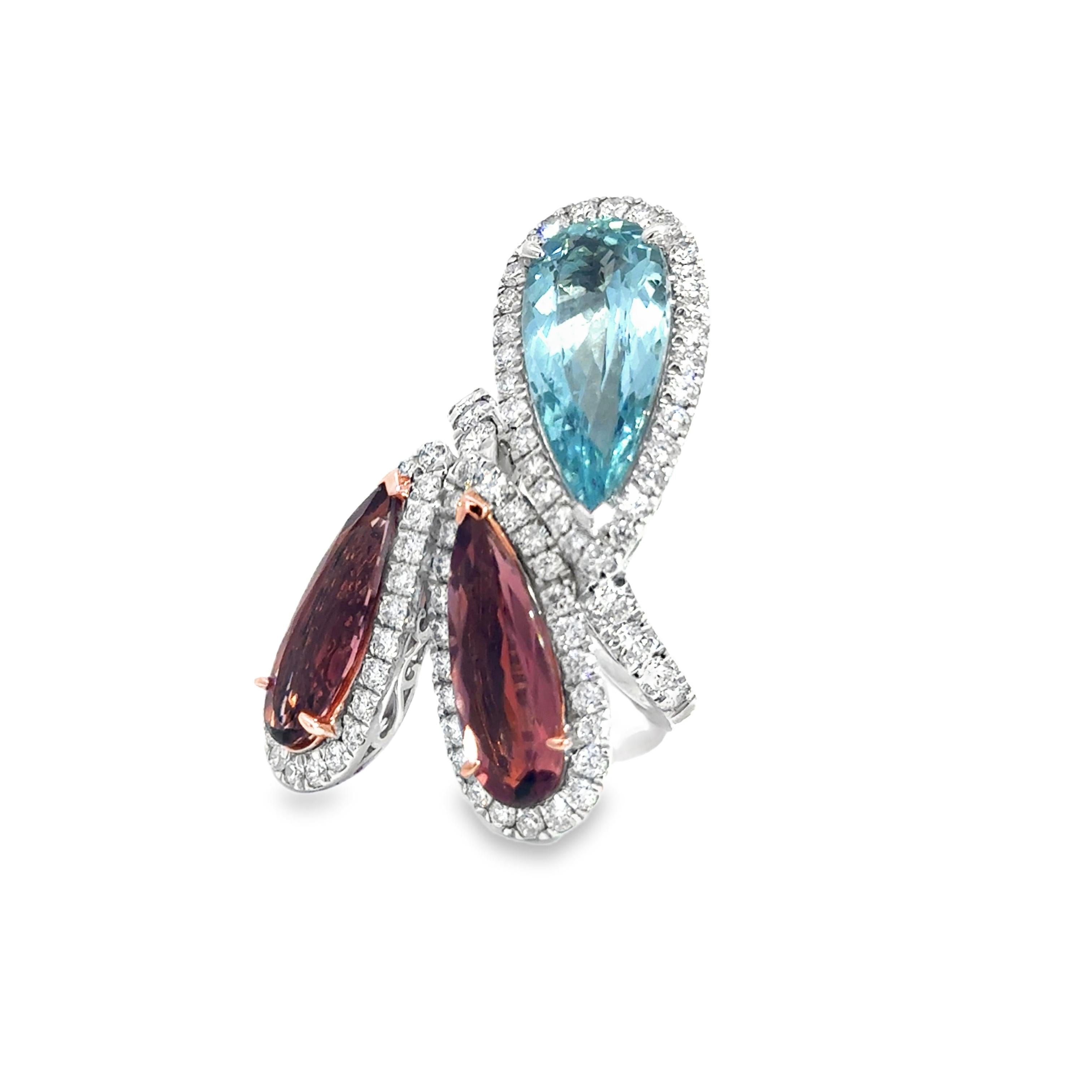 Aigue-marine et tourmaline rose Bague à trois pierres en platine en vente 5