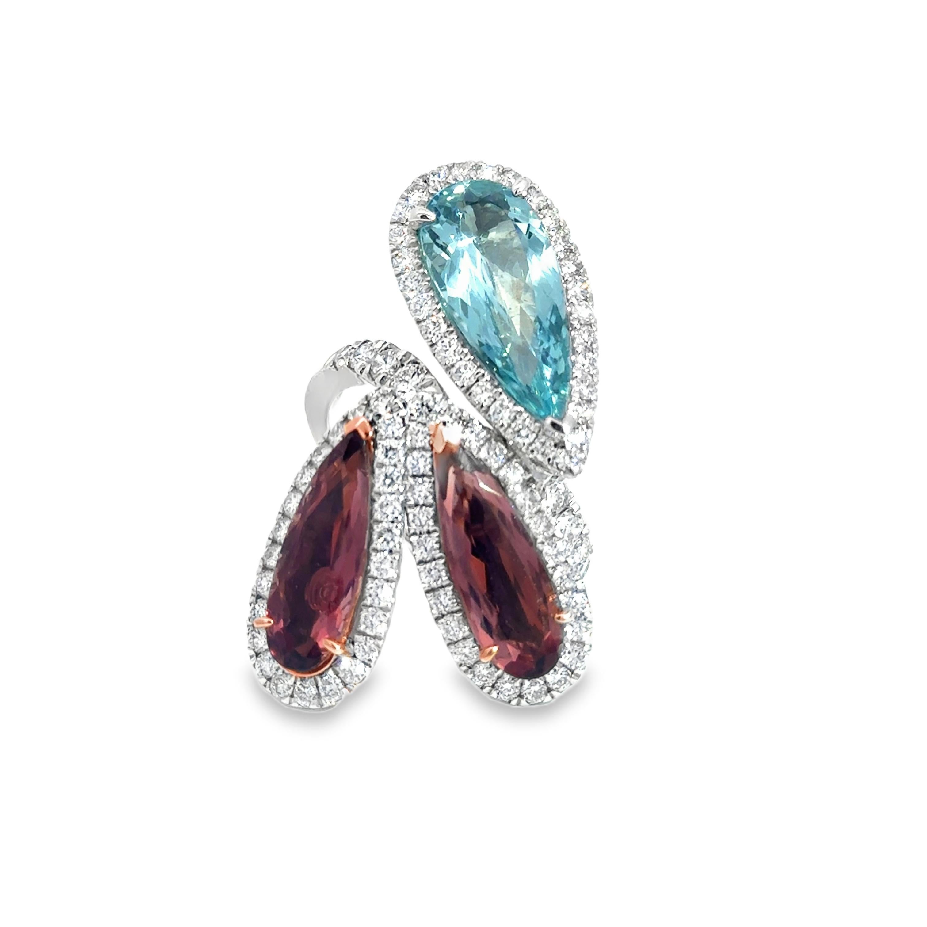 Aigue-marine et tourmaline rose Bague à trois pierres en platine Neuf - En vente à Los Angeles, CA