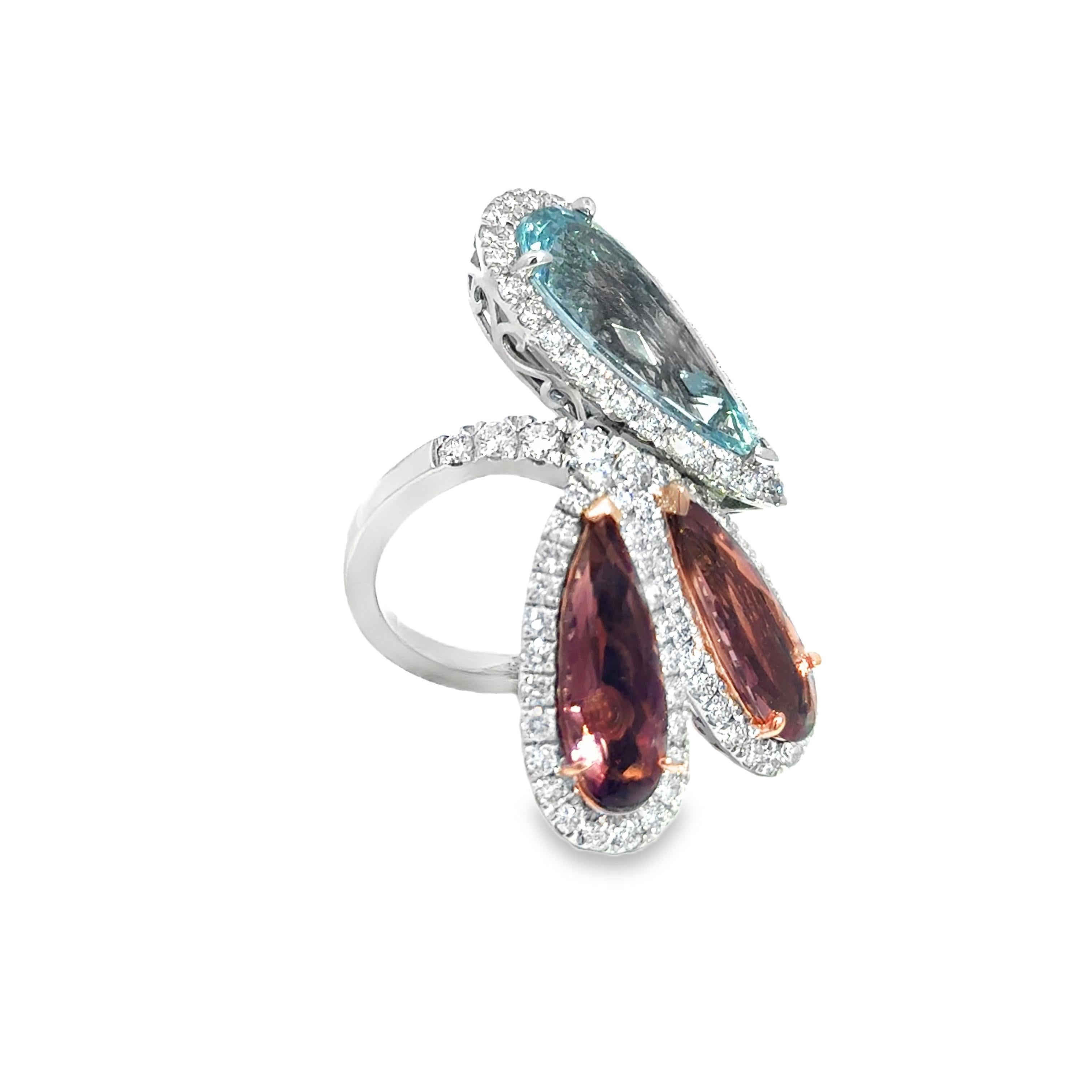 Aigue-marine et tourmaline rose Bague à trois pierres en platine Pour femmes en vente