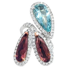Aquamarine and Pink Tourmaline Three Stone Platinum Cluster Ring