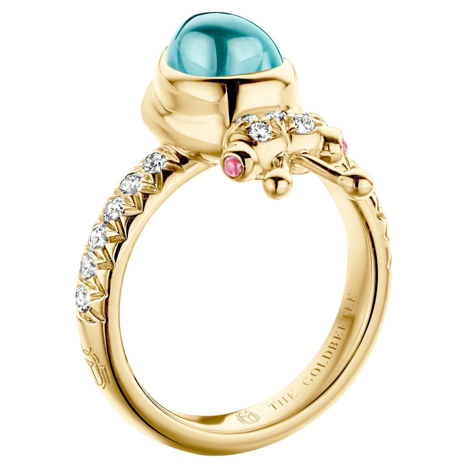 One-of-a-kind lucky beetle ring in 18-Karat yellow gold 8,6 g set with the finest diamonds in brilliant cut 0,34 Carat (VVS/DEF quality) one natural, aquamarine in pear cabochon cut and two pink tourmalines in round cabochon cut.

Celine Roelens, a