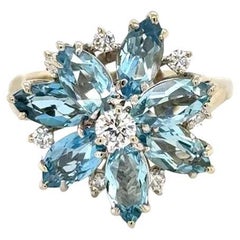 Aquamarine and Round Brilliant Cut  Diamond Gold Vintage Cluster Ring