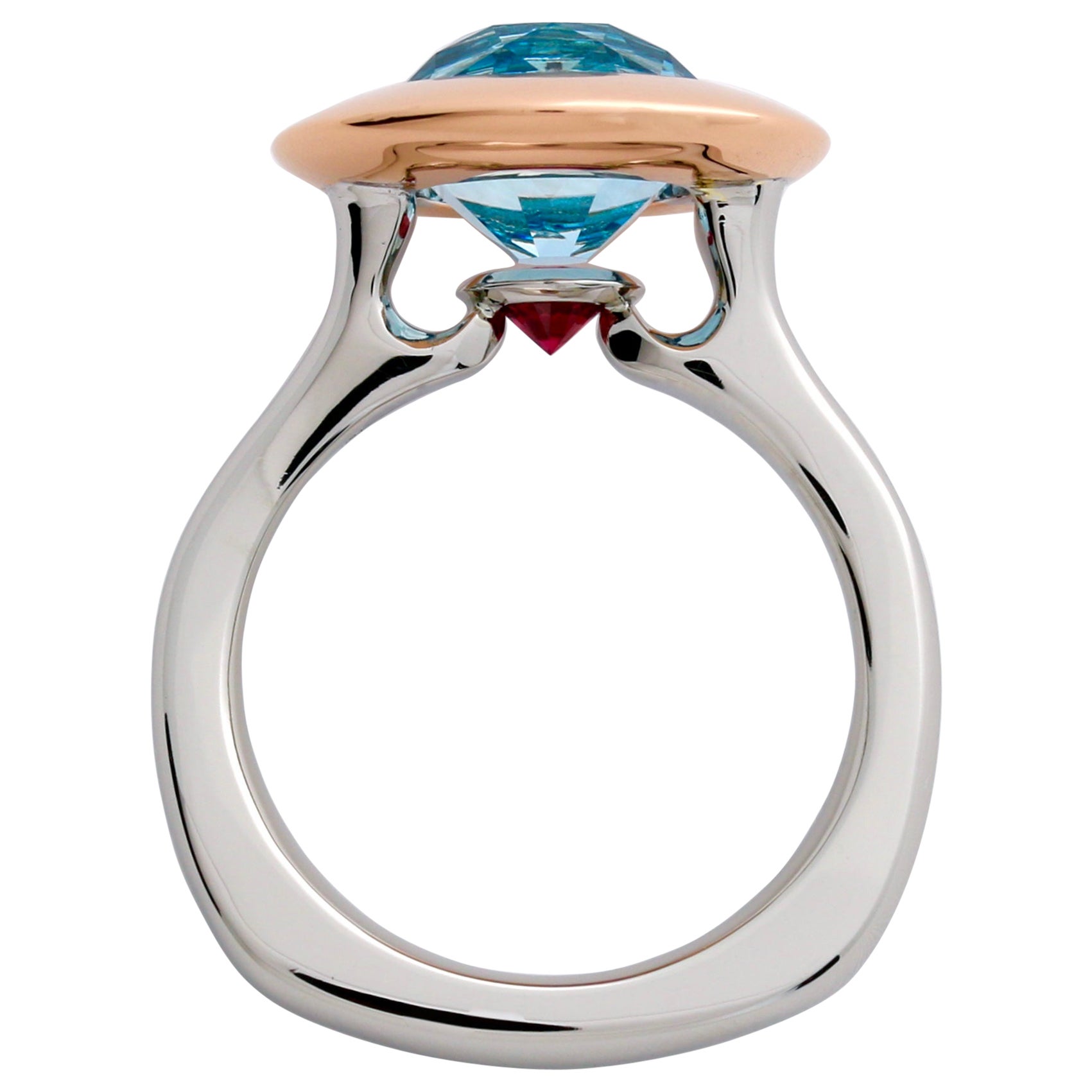 For Sale:  Aquamarine and Ruby, 14k Rose Gold 
Platinum Solitaire Engagement Ring