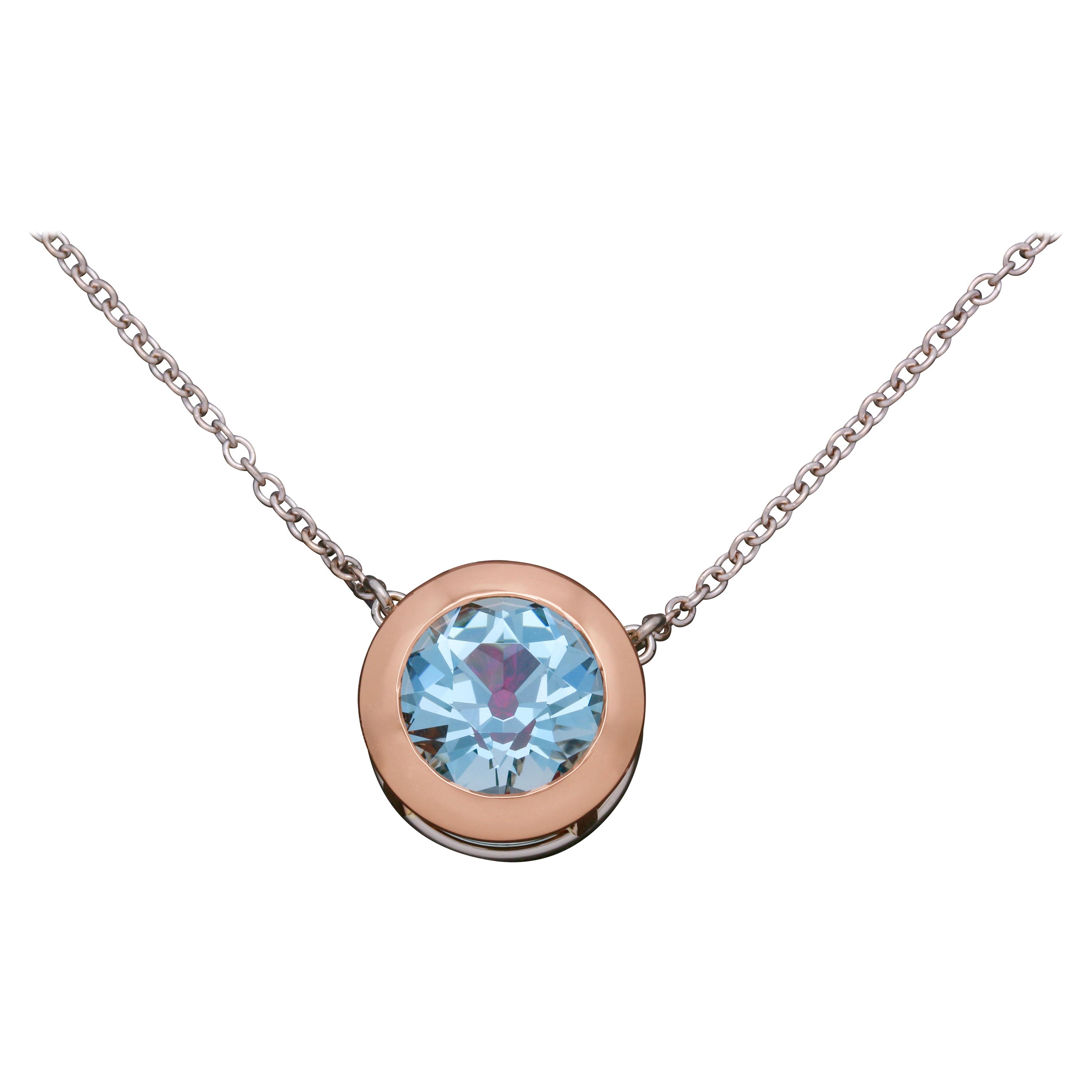 Aquamarine and Ruby, 18k Rose Gold 
Platinum Solitaire Pendant Necklace For Sale