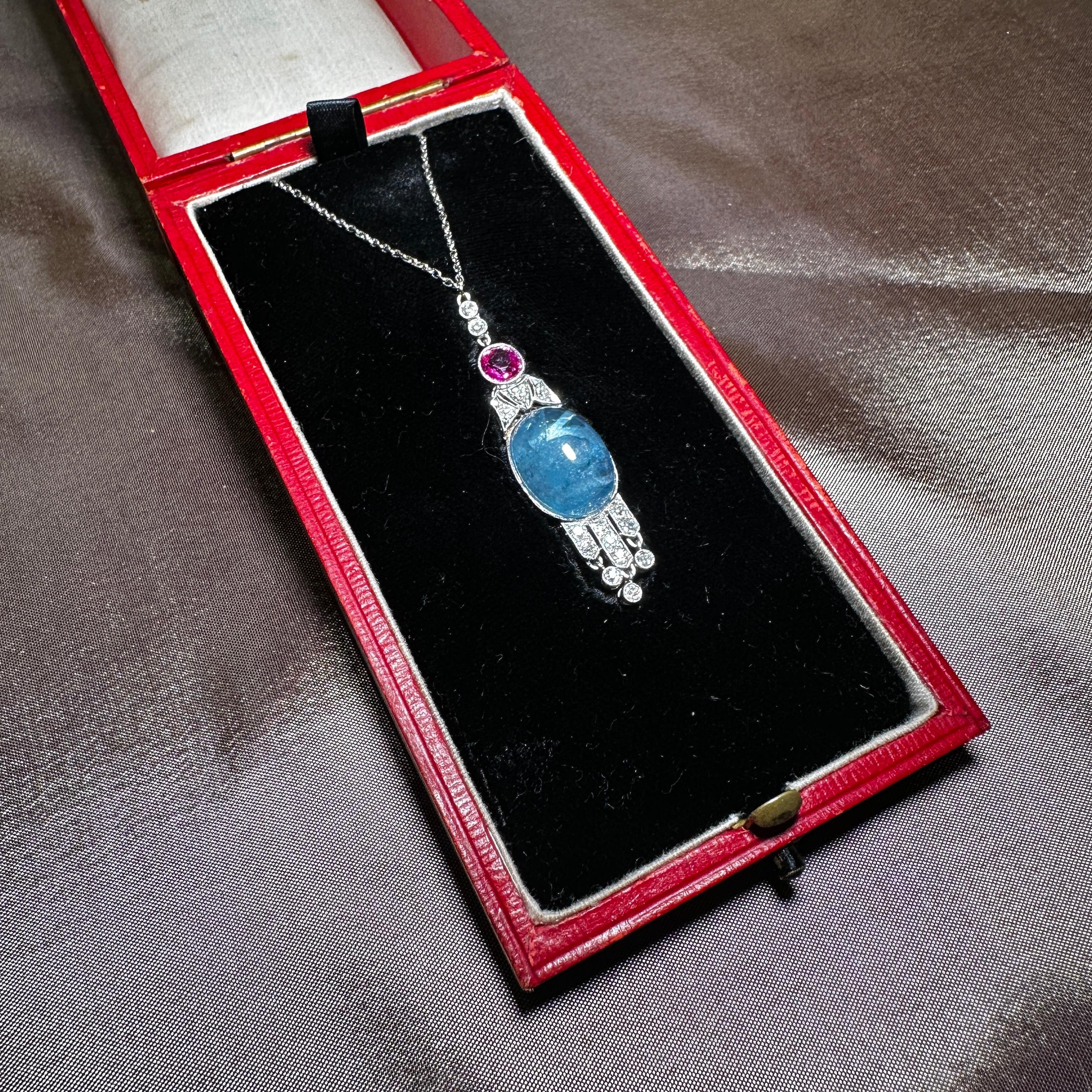 Art Deco Aquamarine and ruby pendant necklace  For Sale