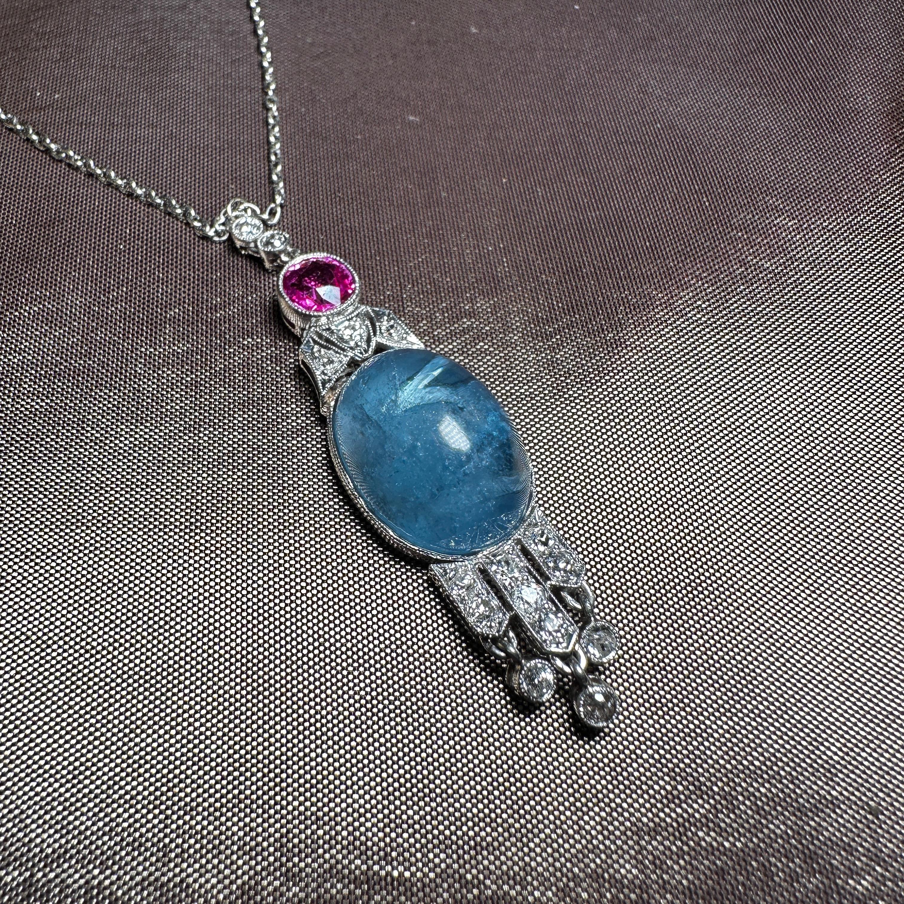 Cabochon Aquamarine and ruby pendant necklace  For Sale