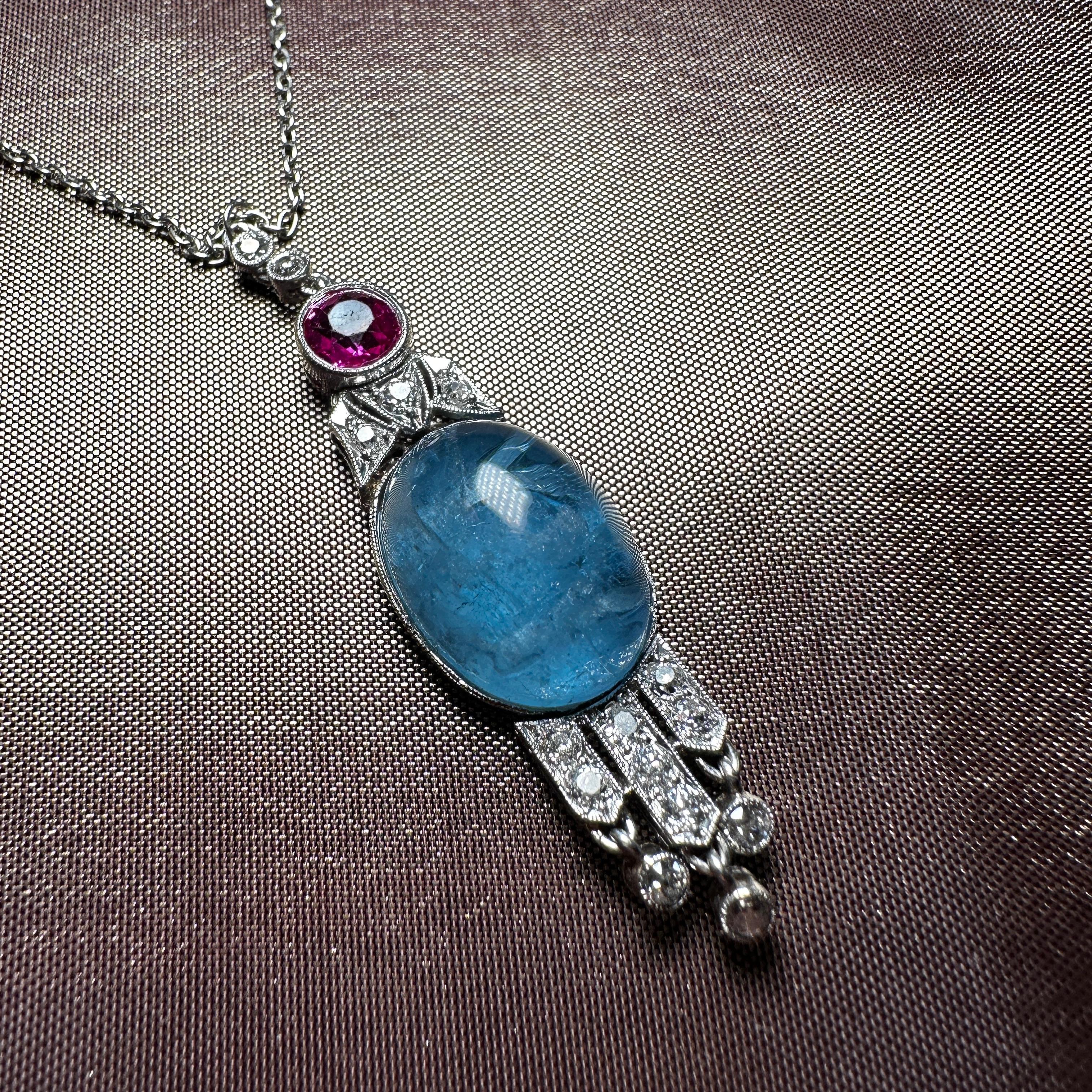 Women's or Men's Aquamarine and ruby pendant necklace  For Sale