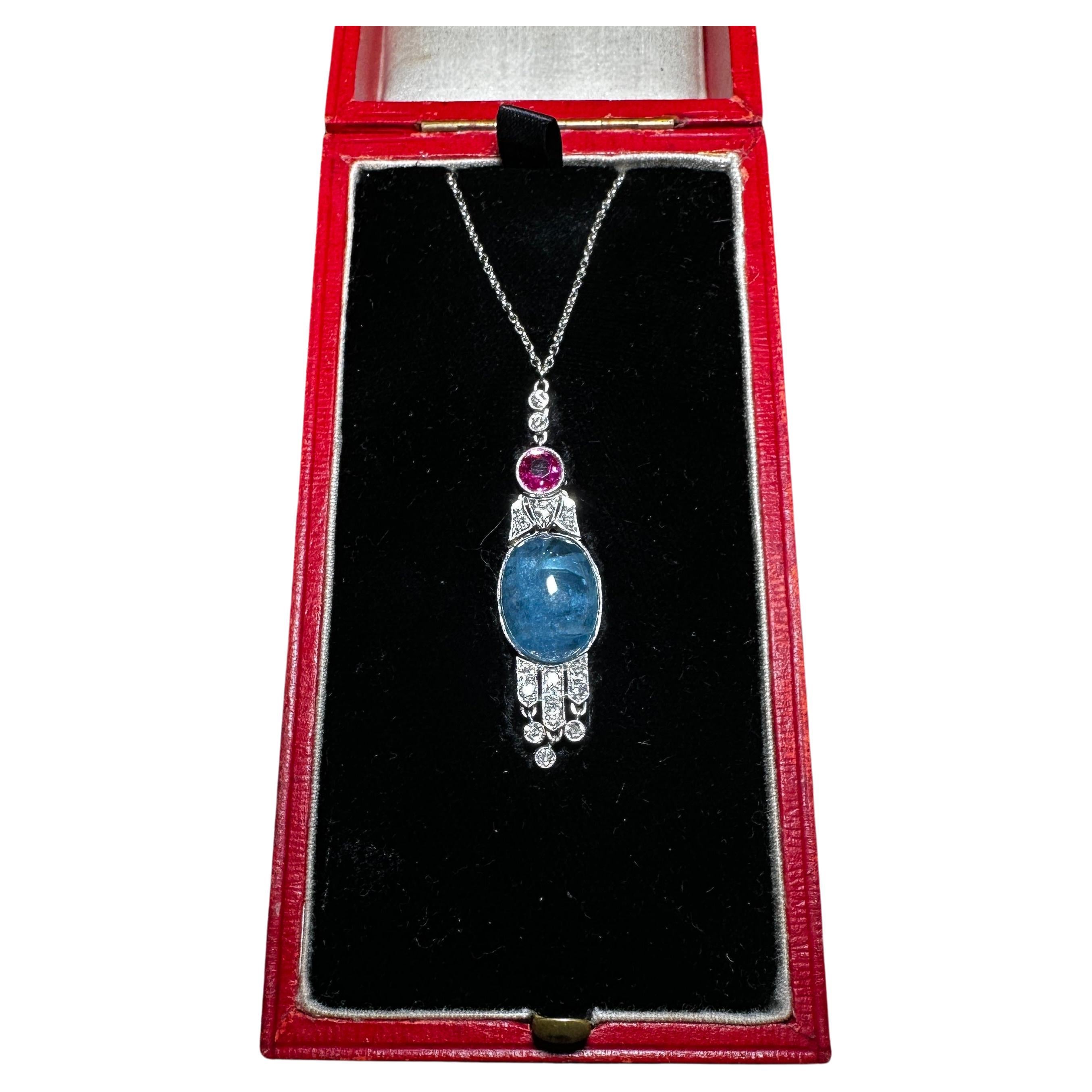 Aquamarine and ruby pendant necklace  For Sale