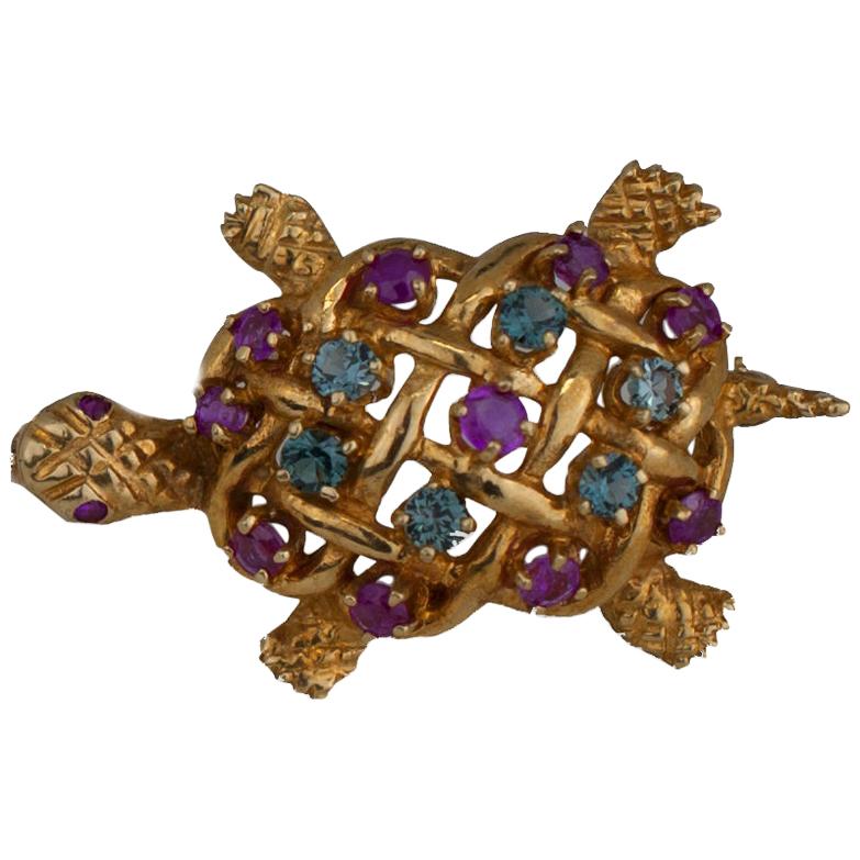 Aquamarine and Ruby, Turtle Pin, 1.60 Carat Gems, Yellow For Sale