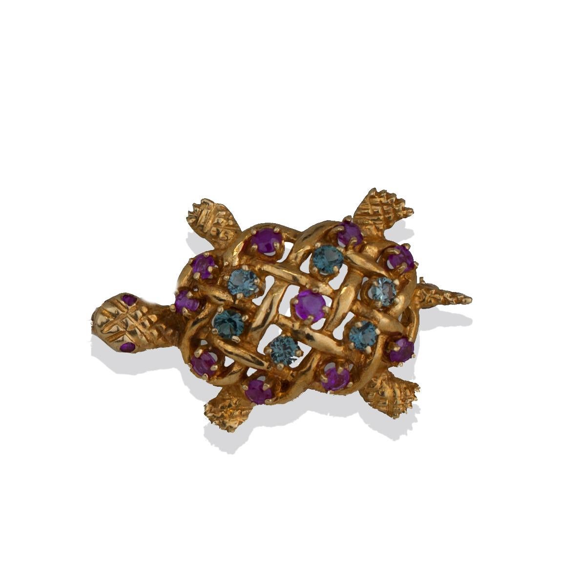 Art Deco Aquamarine and Ruby, Turtle Pin, 1.60 Carat Gems, Yellow For Sale