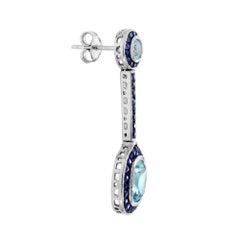 Aquamarine and Sapphire Art Deco Style Drop Earrings in 14K White Gold