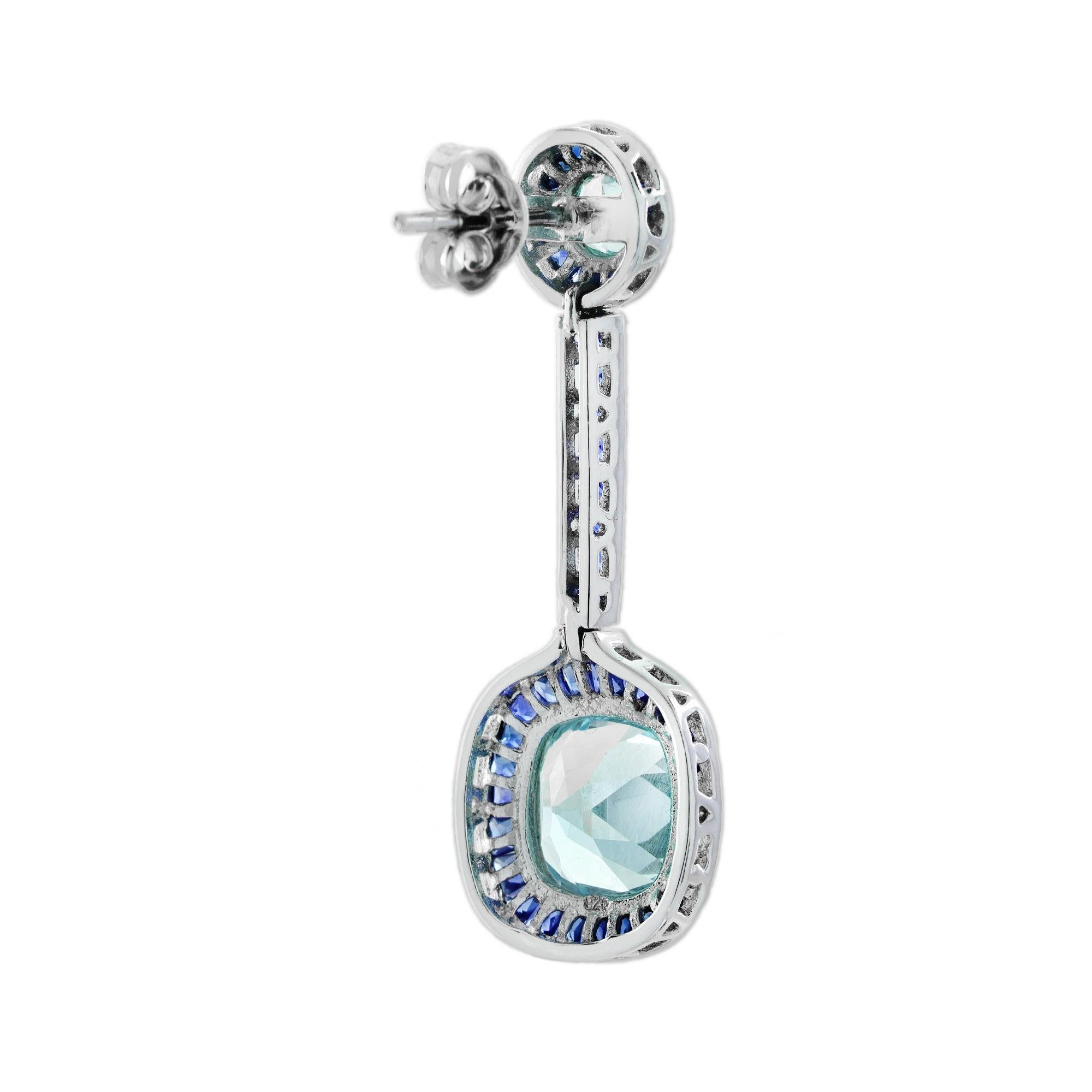 Cushion Cut Aquamarine and Sapphire Art Deco Style Drop Earrings in 14K White Gold For Sale