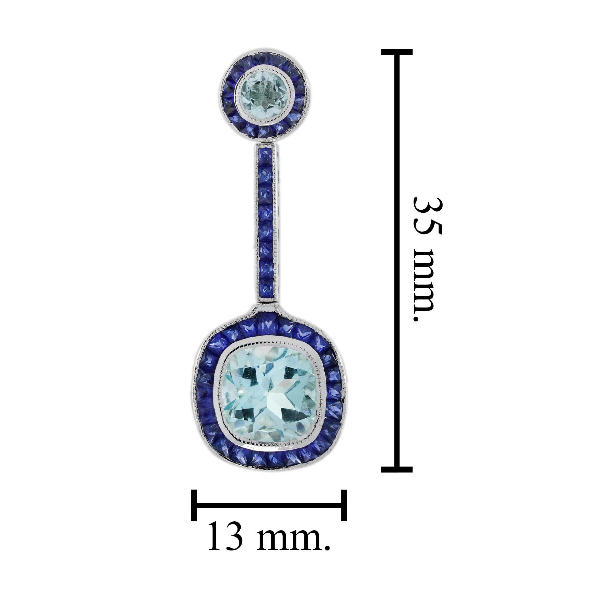 Aquamarine and Sapphire Art Deco Style Drop Earrings in 14K White Gold In New Condition For Sale In Bangkok, TH