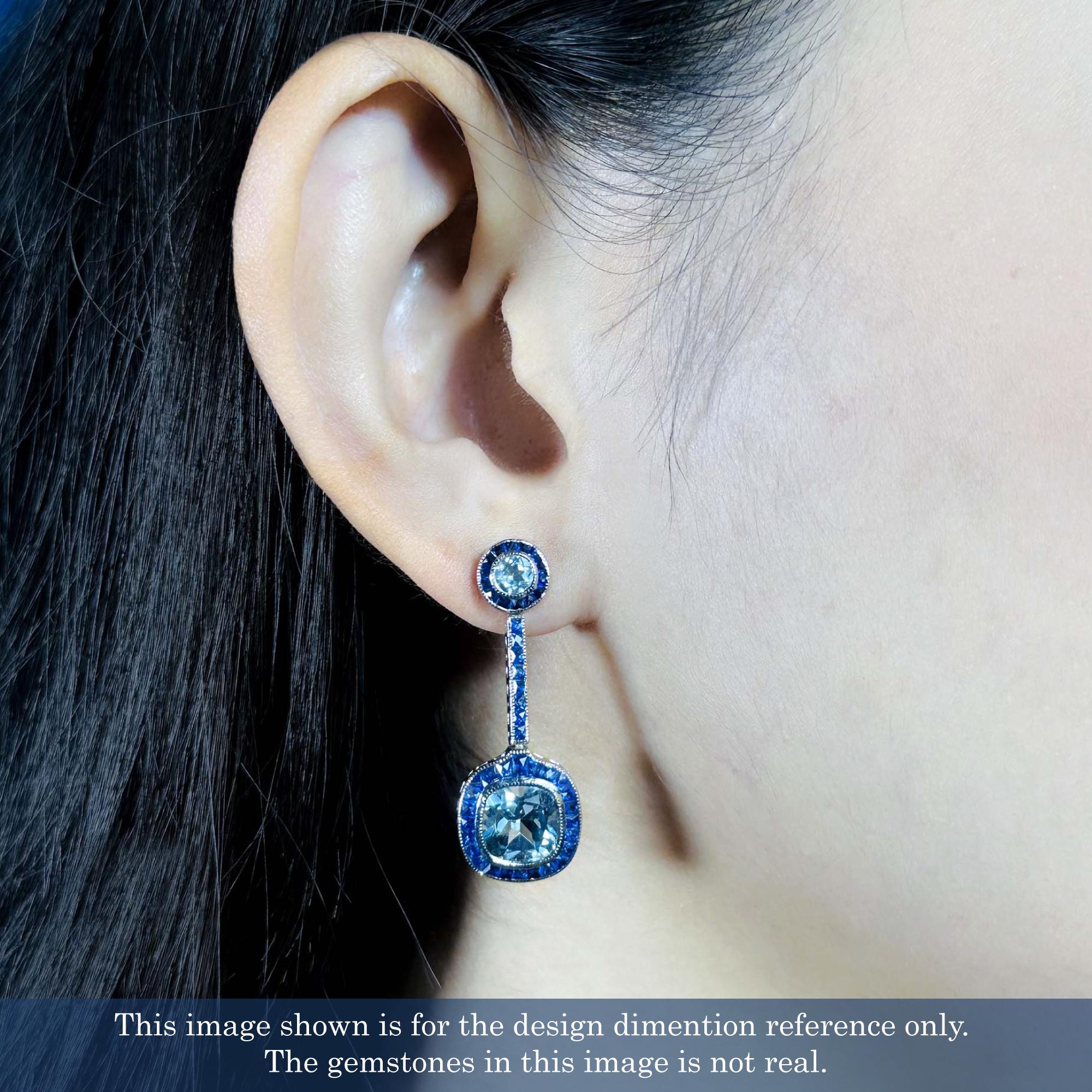 Women's Aquamarine and Sapphire Art Deco Style Drop Earrings in 14K White Gold For Sale