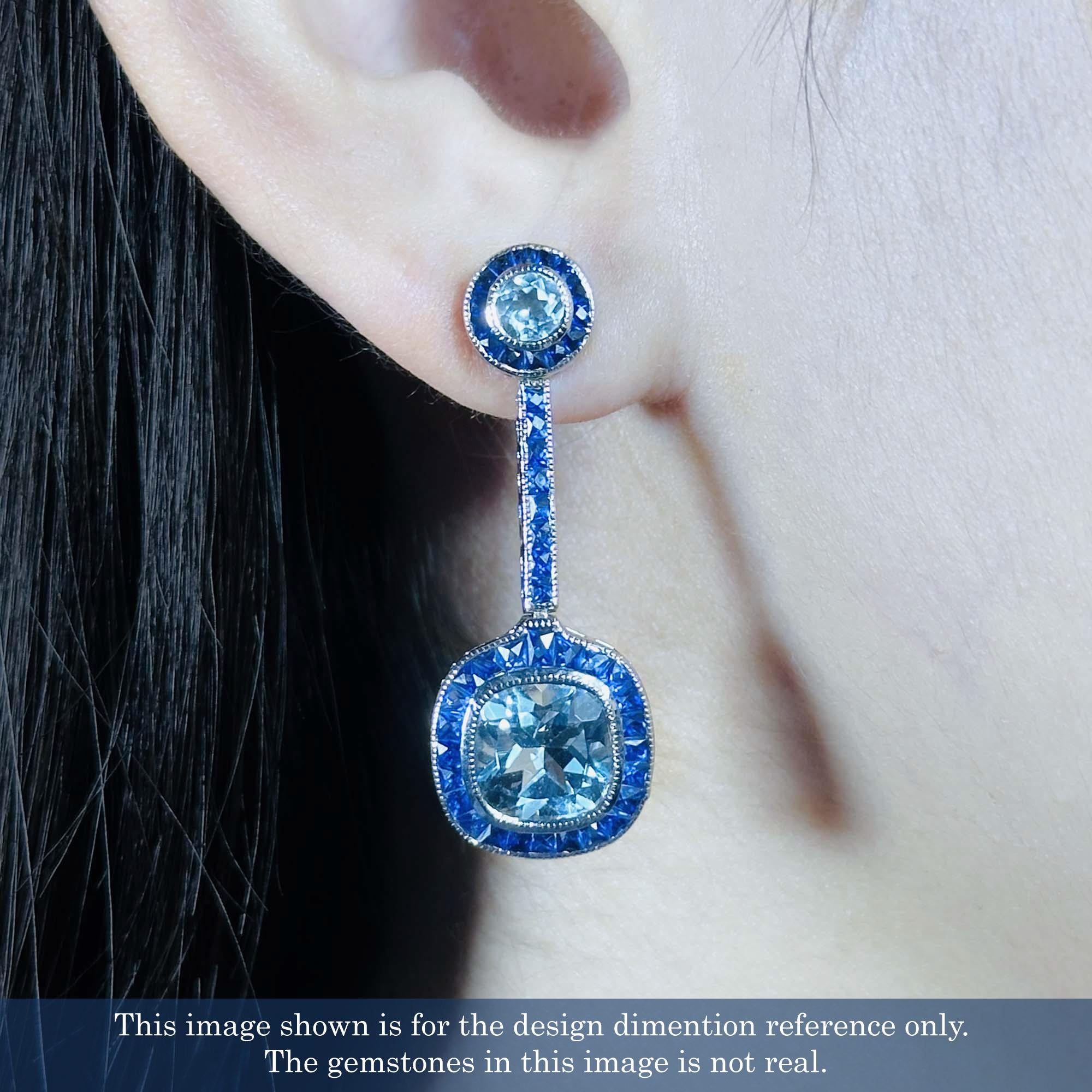 Aquamarine and Sapphire Art Deco Style Drop Earrings in 14K White Gold For Sale 1