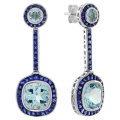 Aquamarine and Sapphire Art Deco Style Drop Earrings in 14K White Gold