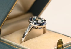 Aquamarine and Sapphire Diamond Ring. 1ct Round Aquamarine Double Halo Platinum