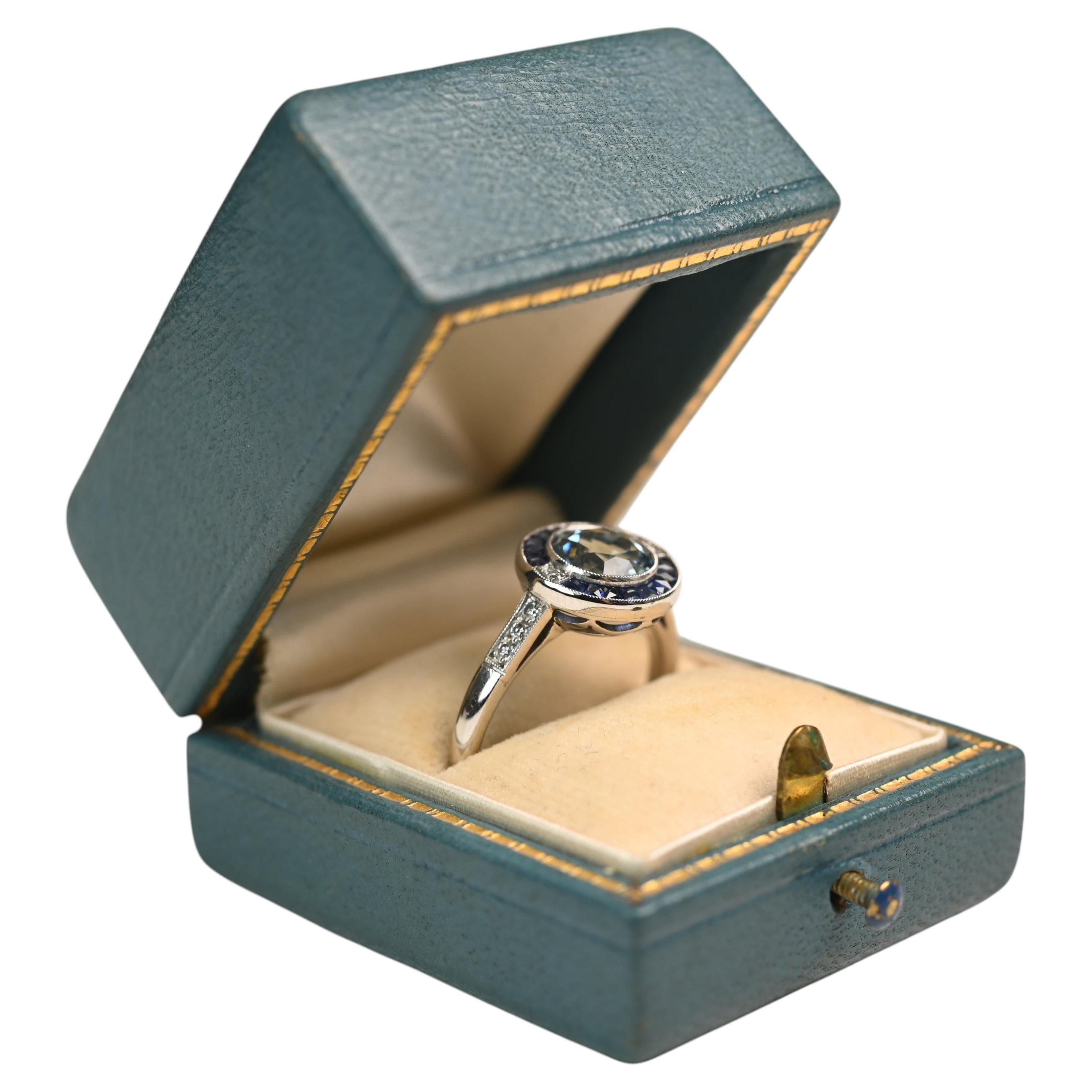 Aquamarine and Sapphire Diamond Ring. 1ct Round Aquamarine Double Halo Platinum