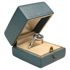 Aquamarine and Sapphire Diamond Ring. 1ct Round Aquamarine Double Halo Platinum