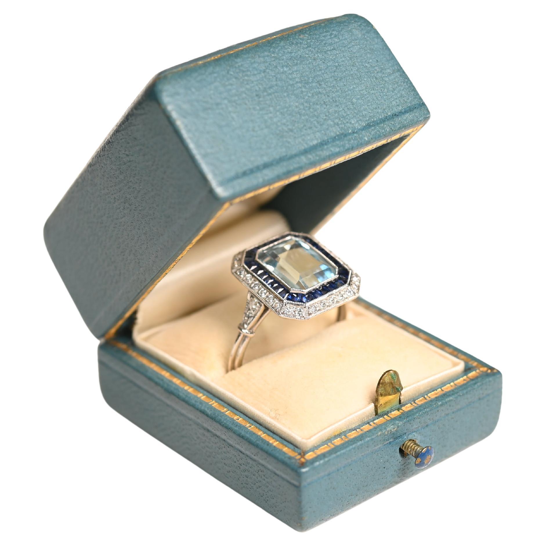 3 Carat Aquamarine Double Halo Ring. Aquamarine Sapphire Diamond Ring Platinum For Sale