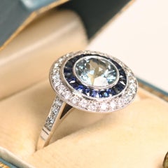 Aquamarine and Sapphire Ring. 1ct Aquamarine Diamond Double Halo Ring Platinum