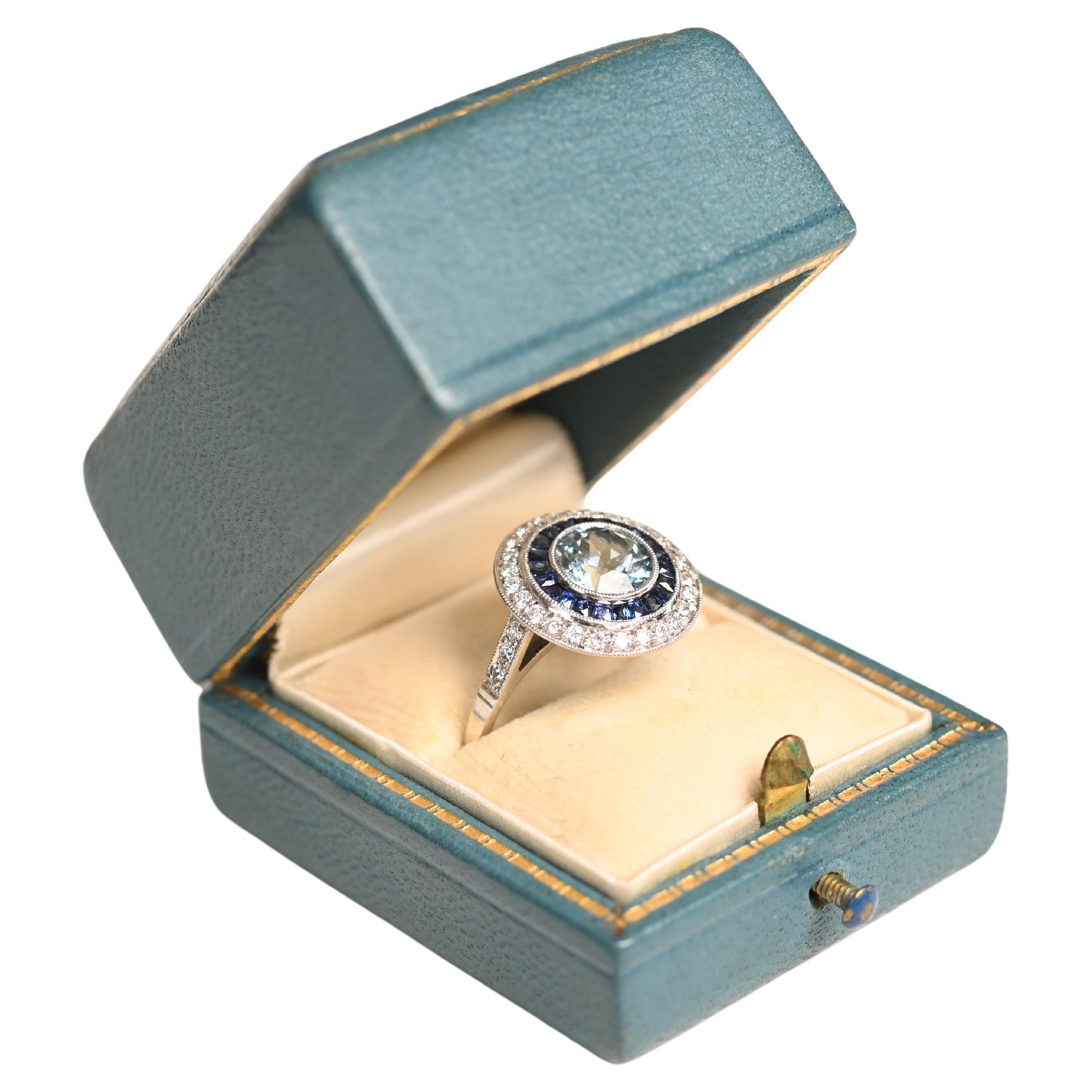 Aquamarine and Sapphire Diamond Ring. 1ct Aquamarine Double Halo Ring Platinum