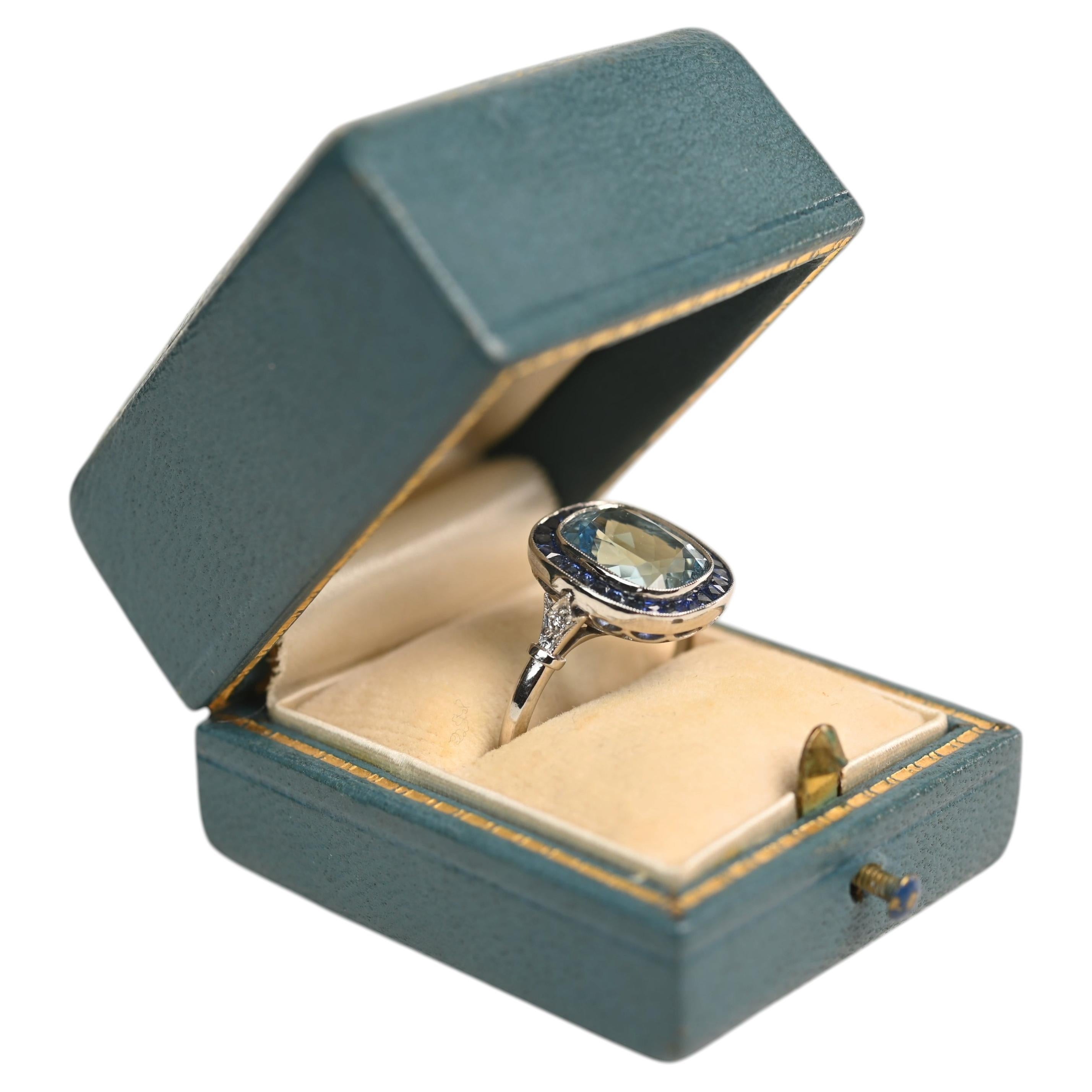 Aquamarine And Sapphire Ring. 2.60ct Cushion Cut Platinum Halo Statement Ring