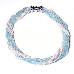 Aquamarine and Seed Pearl 10-Strand Torsade Necklace 18 Karat Gold Clasp