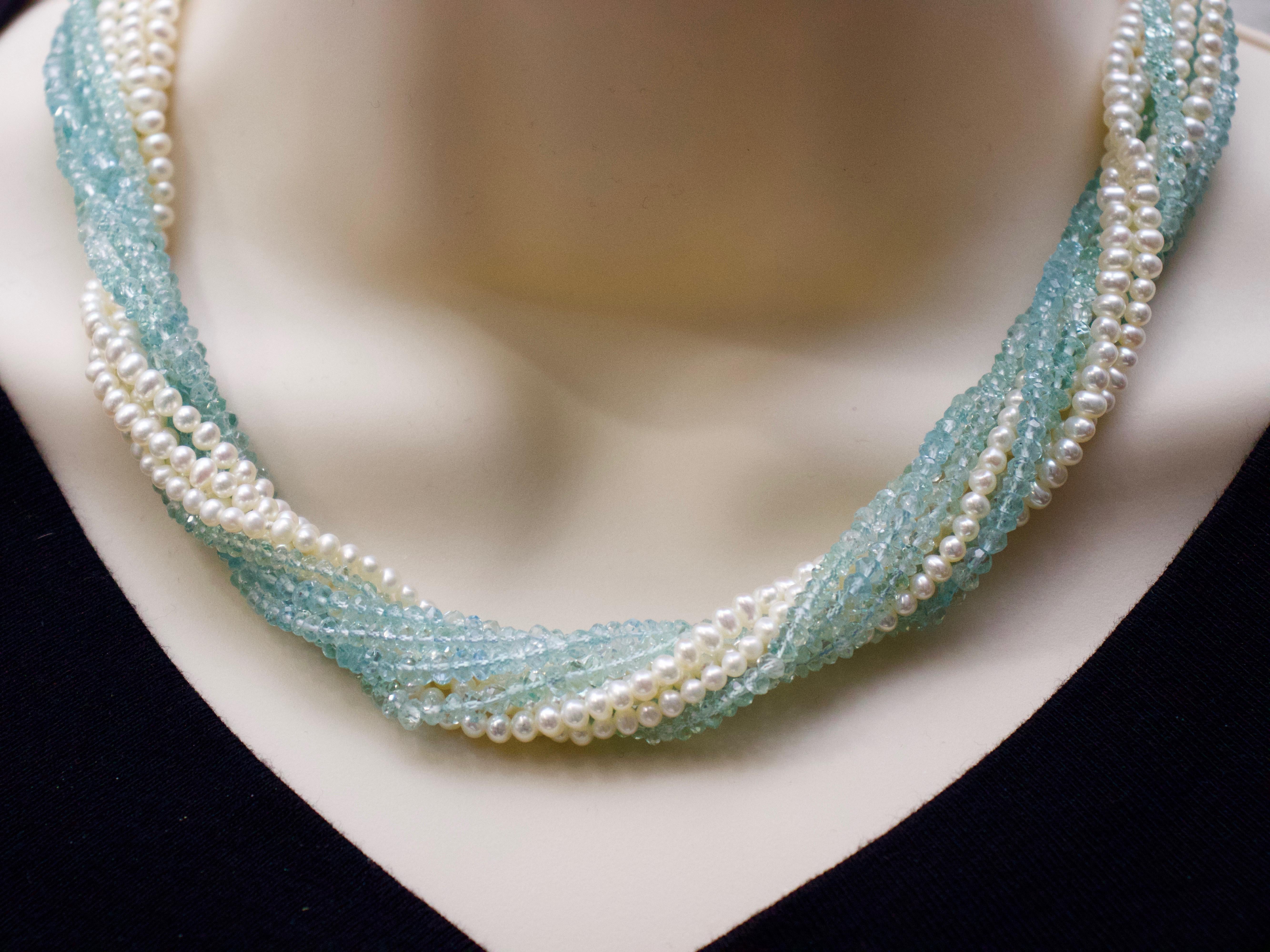 Contemporary Aquamarine and Seed Pearl 10-Strand Torsade Necklace 18 Karat Gold Clasp For Sale