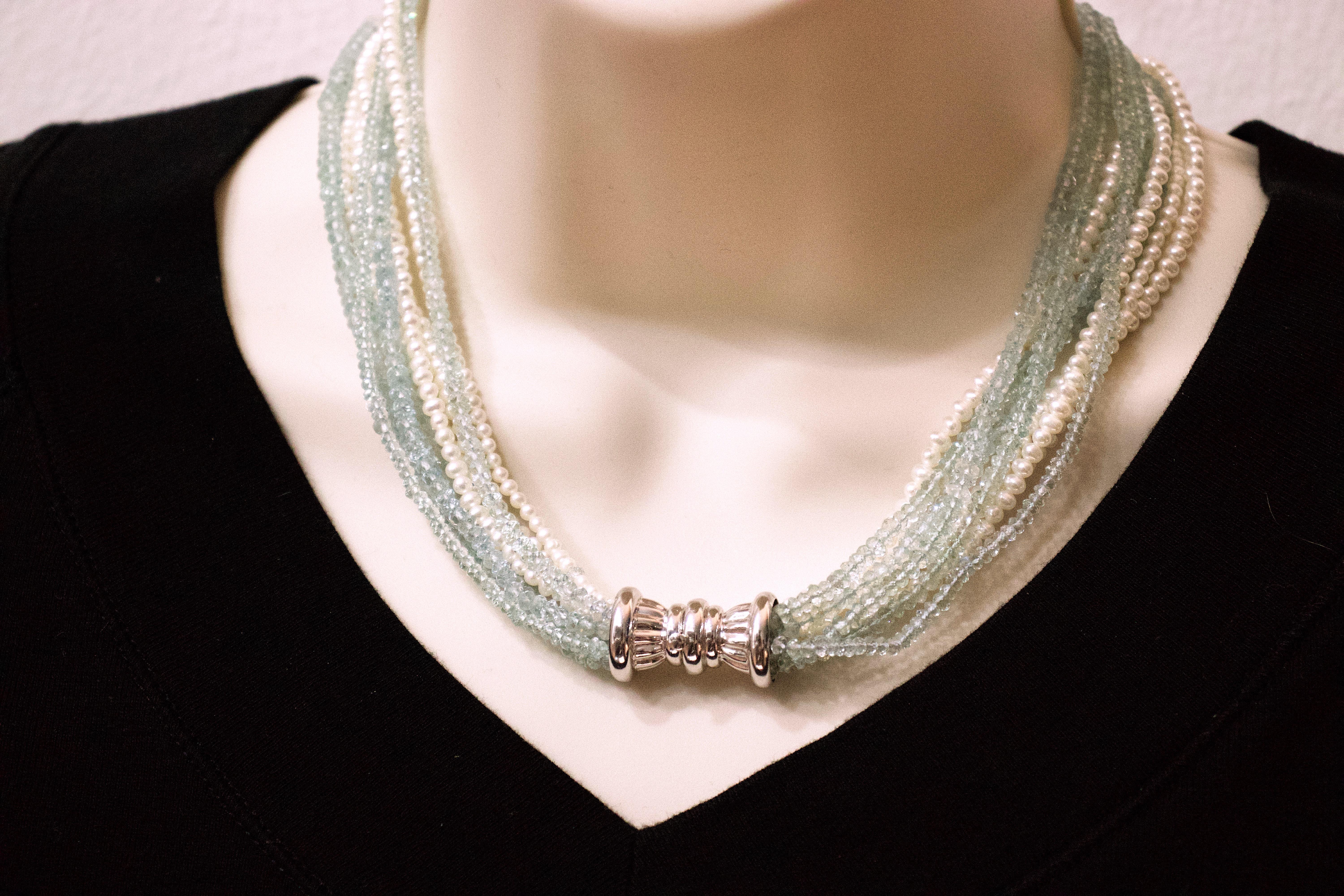 Aquamarine and Seed Pearl 10-Strand Torsade Necklace 18 Karat Gold Clasp In New Condition For Sale In New York, NY