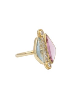 Aquamarin- und Spinell-Cabochon-Ring mit Diamanten Handgefertigt in 18k Gelbgold