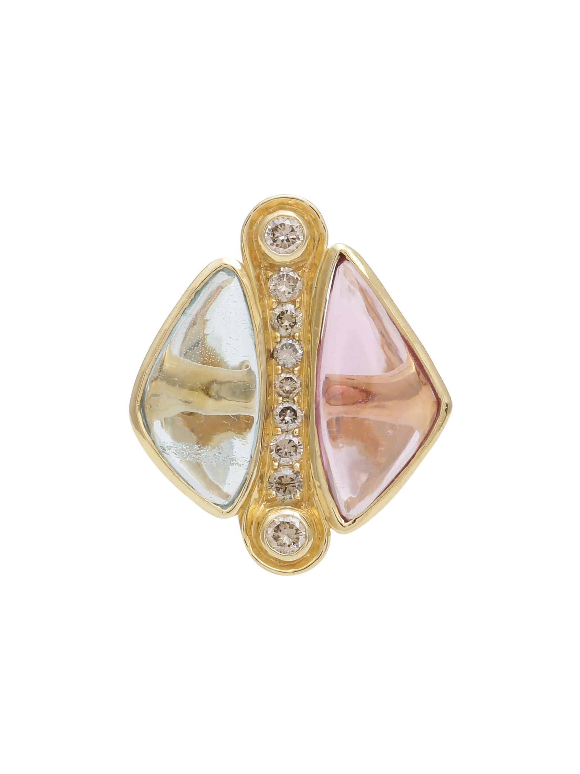 Aquamarin- und Spinell-Cabochon-Ring mit Diamanten Handgefertigt in 18k Gelbgold (Moderne) im Angebot