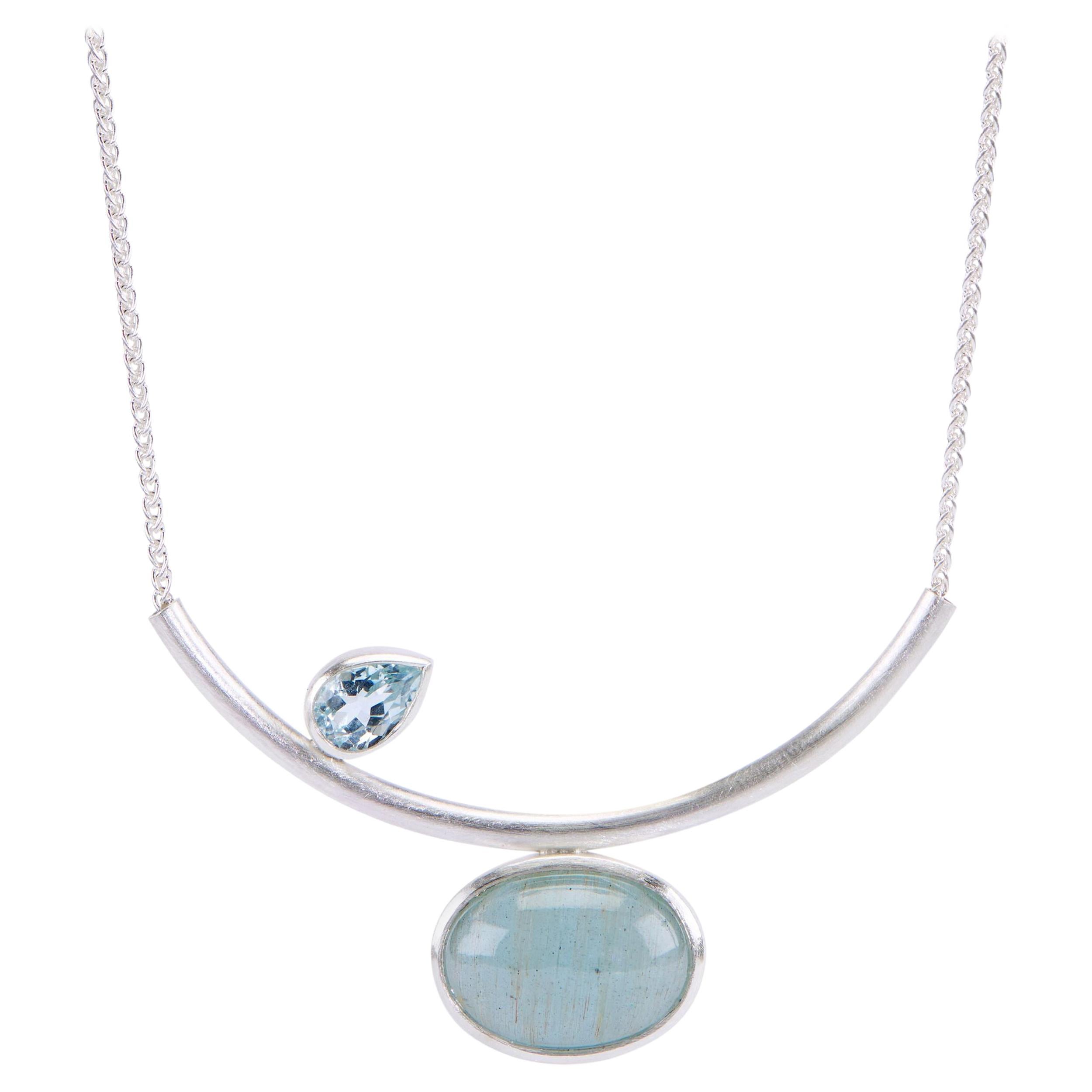 Aquamarine and Sterling Silver Curve 16.5" Necklace For Sale