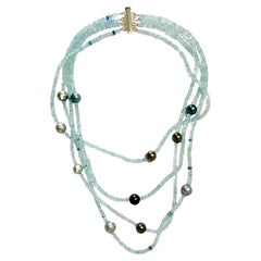 Multi Strand Choker Aquamarine Beads and Lustrous Tahiti Pearls