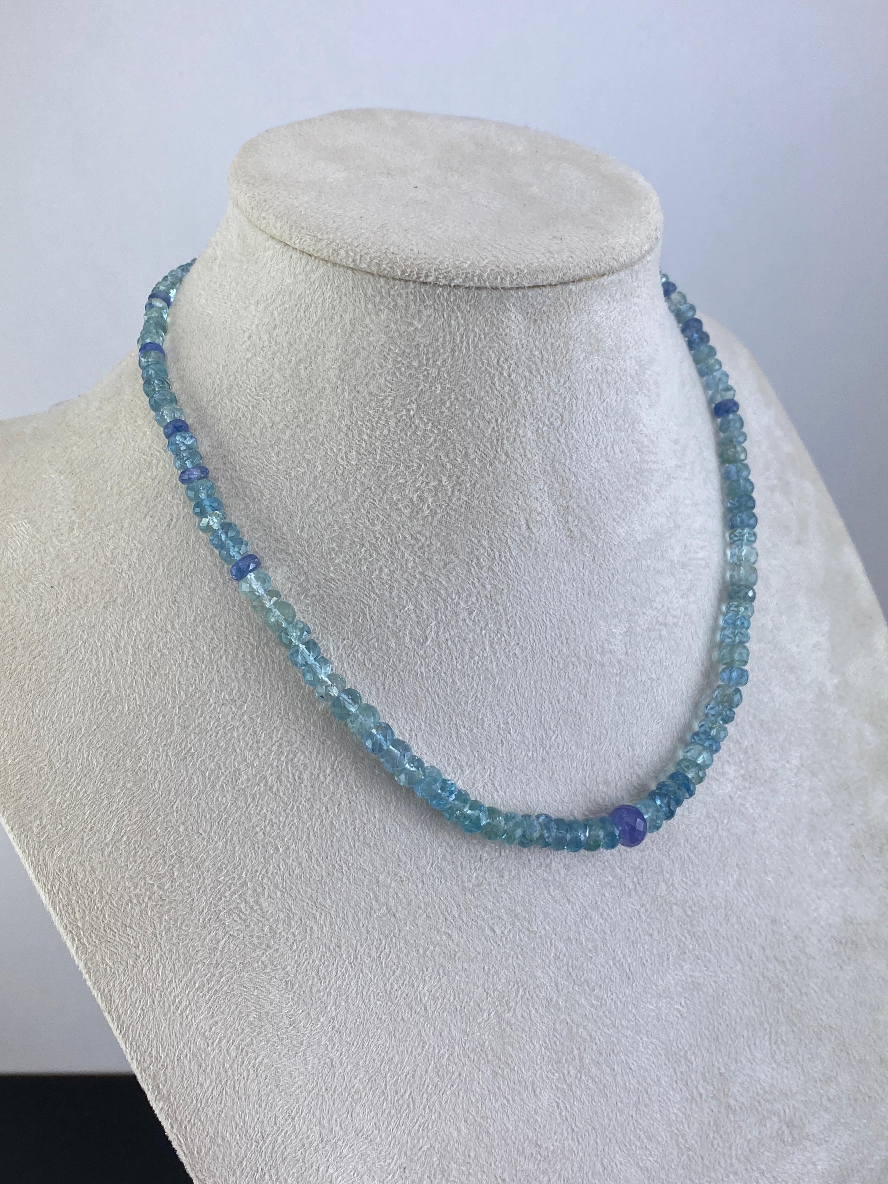 A beautiful and elegant necklace, with 95 carats of Aquamarine and 4 carat Tanzanite beads. The necklace is around 16 inches long, and can be altered. 
Please feel free to message us for more information! 